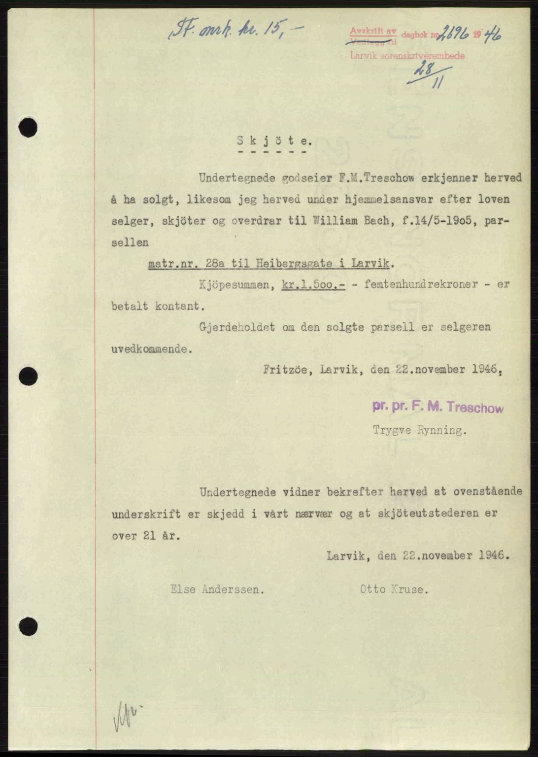 Larvik sorenskriveri, SAKO/A-83/G/Ga/Gab/L0083: Pantebok nr. A-17, 1946-1947, Dagboknr: 2696/1946