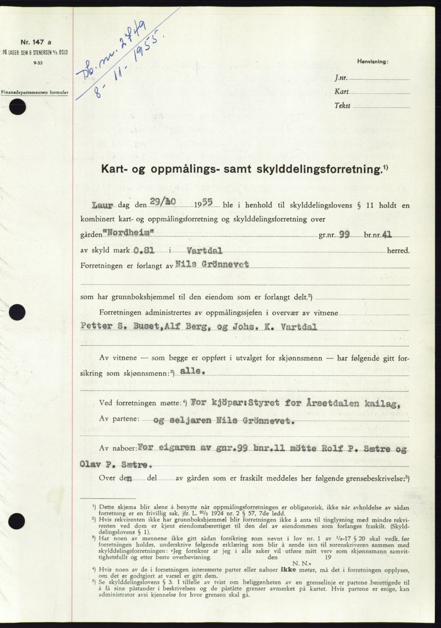 Søre Sunnmøre sorenskriveri, SAT/A-4122/1/2/2C/L0102: Pantebok nr. 28A, 1955-1956, Dagboknr: 2749/1955