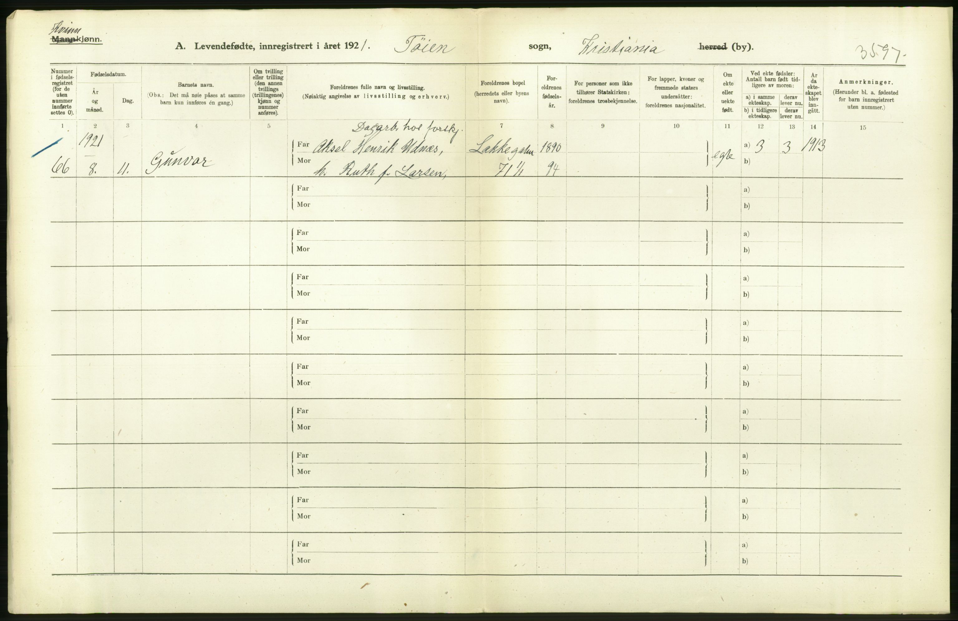 Statistisk sentralbyrå, Sosiodemografiske emner, Befolkning, AV/RA-S-2228/D/Df/Dfc/Dfca/L0009: Kristiania: Levendefødte menn og kvinner., 1921, s. 316