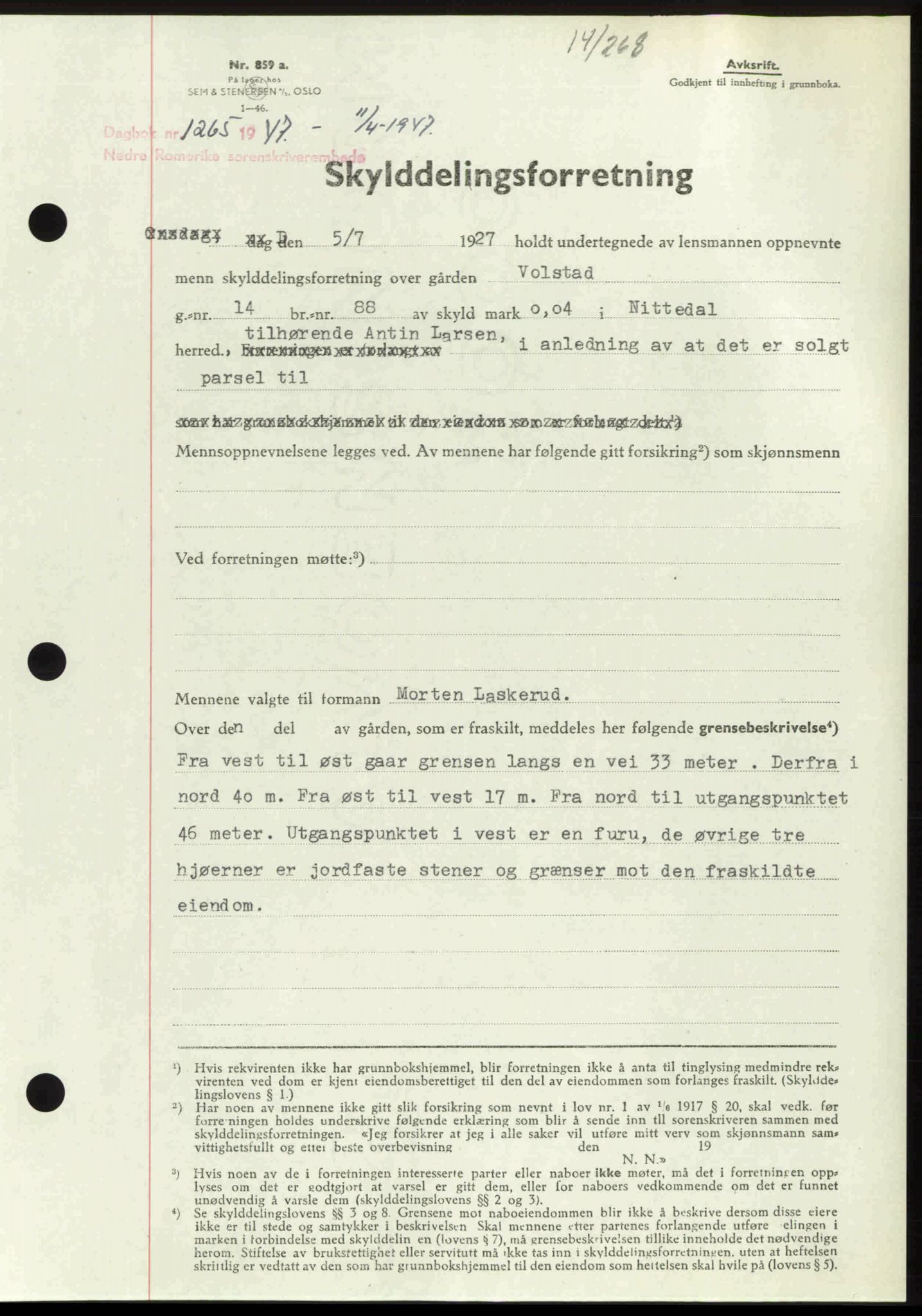 Nedre Romerike sorenskriveri, AV/SAO-A-10469/G/Gb/Gbd/L0018: Pantebok nr. 18, 1947-1947, Dagboknr: 1265/1947