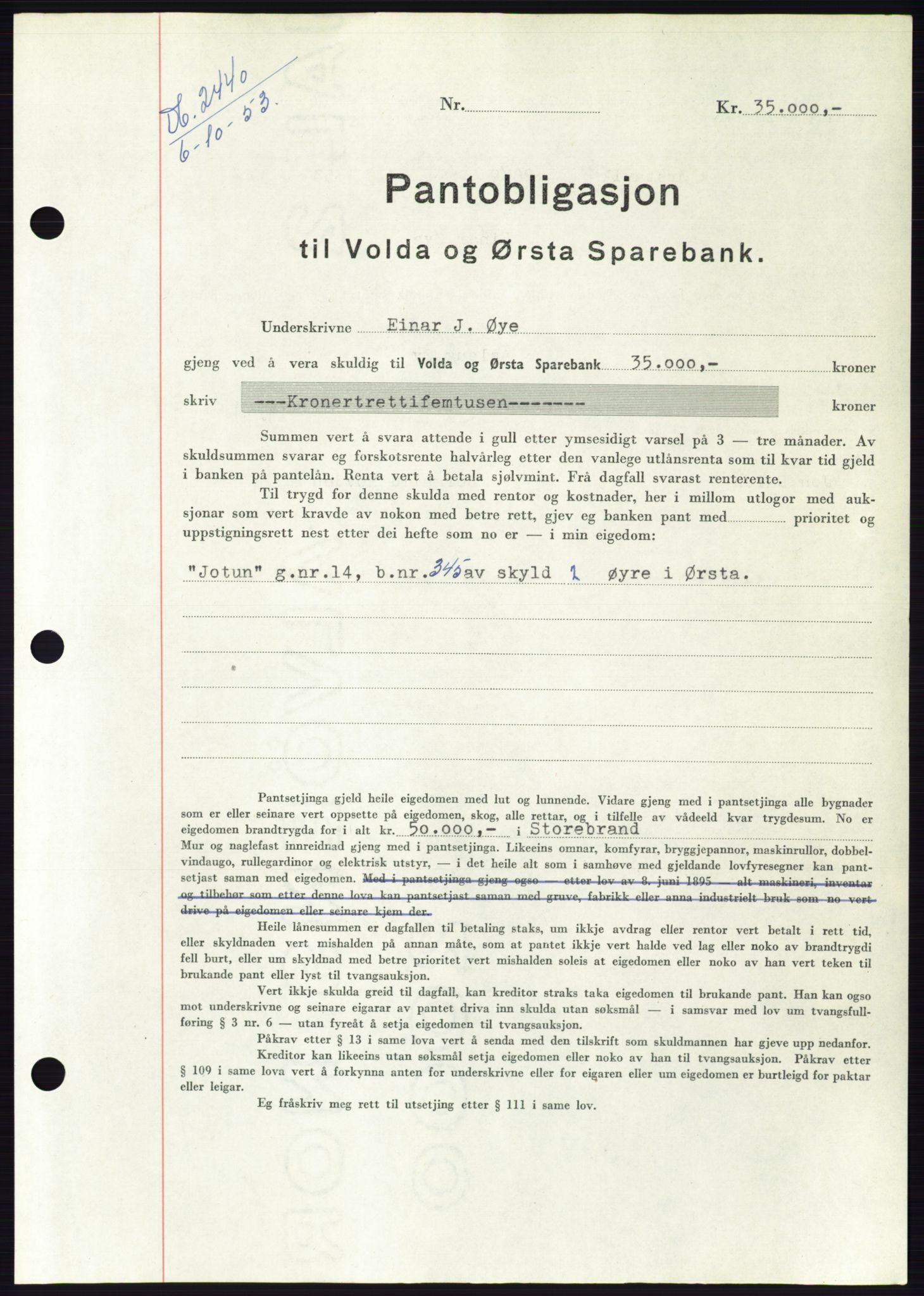 Søre Sunnmøre sorenskriveri, AV/SAT-A-4122/1/2/2C/L0124: Pantebok nr. 12B, 1953-1954, Dagboknr: 2440/1953