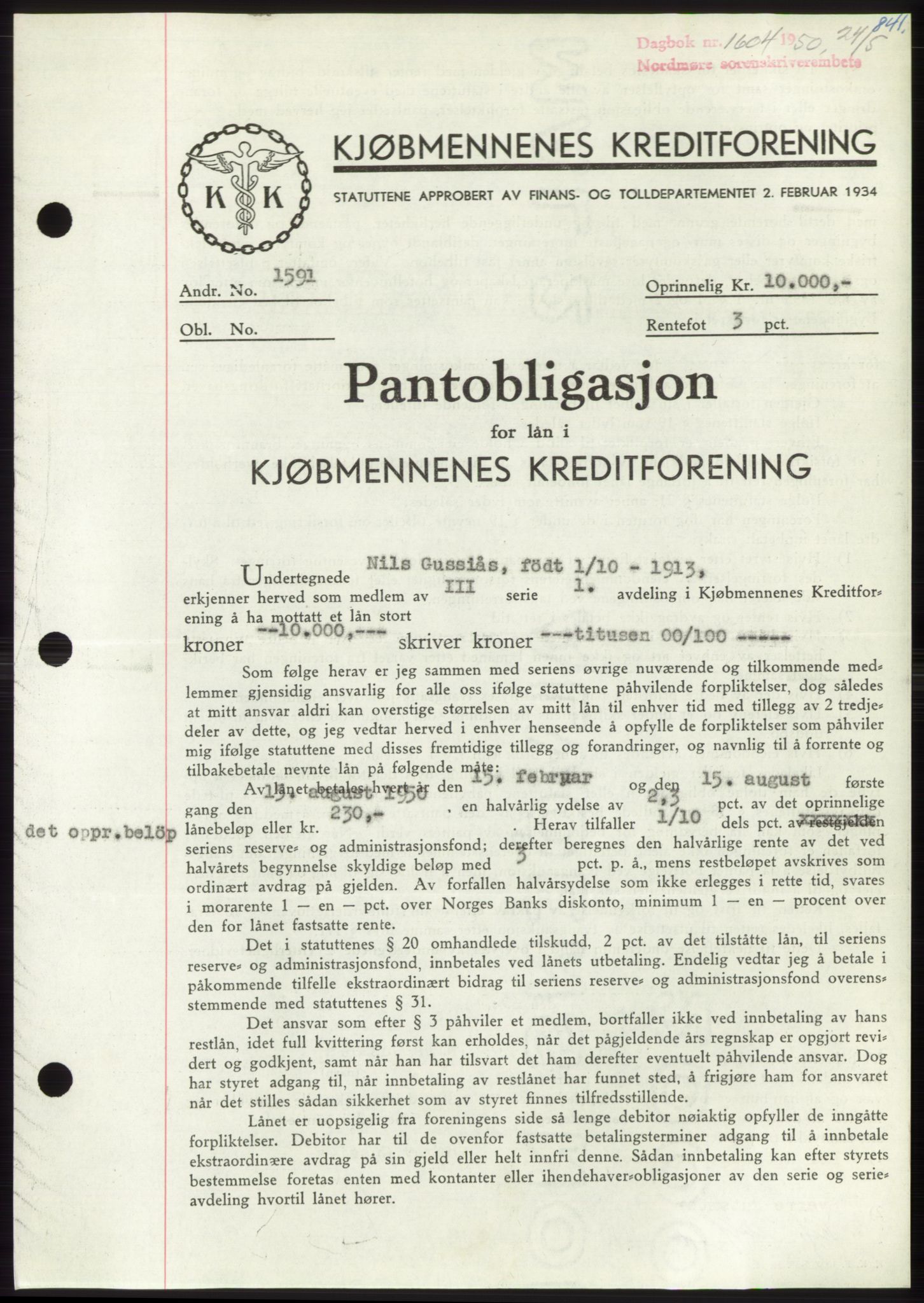 Nordmøre sorenskriveri, SAT/A-4132/1/2/2Ca: Pantebok nr. B104, 1950-1950, Dagboknr: 1604/1950