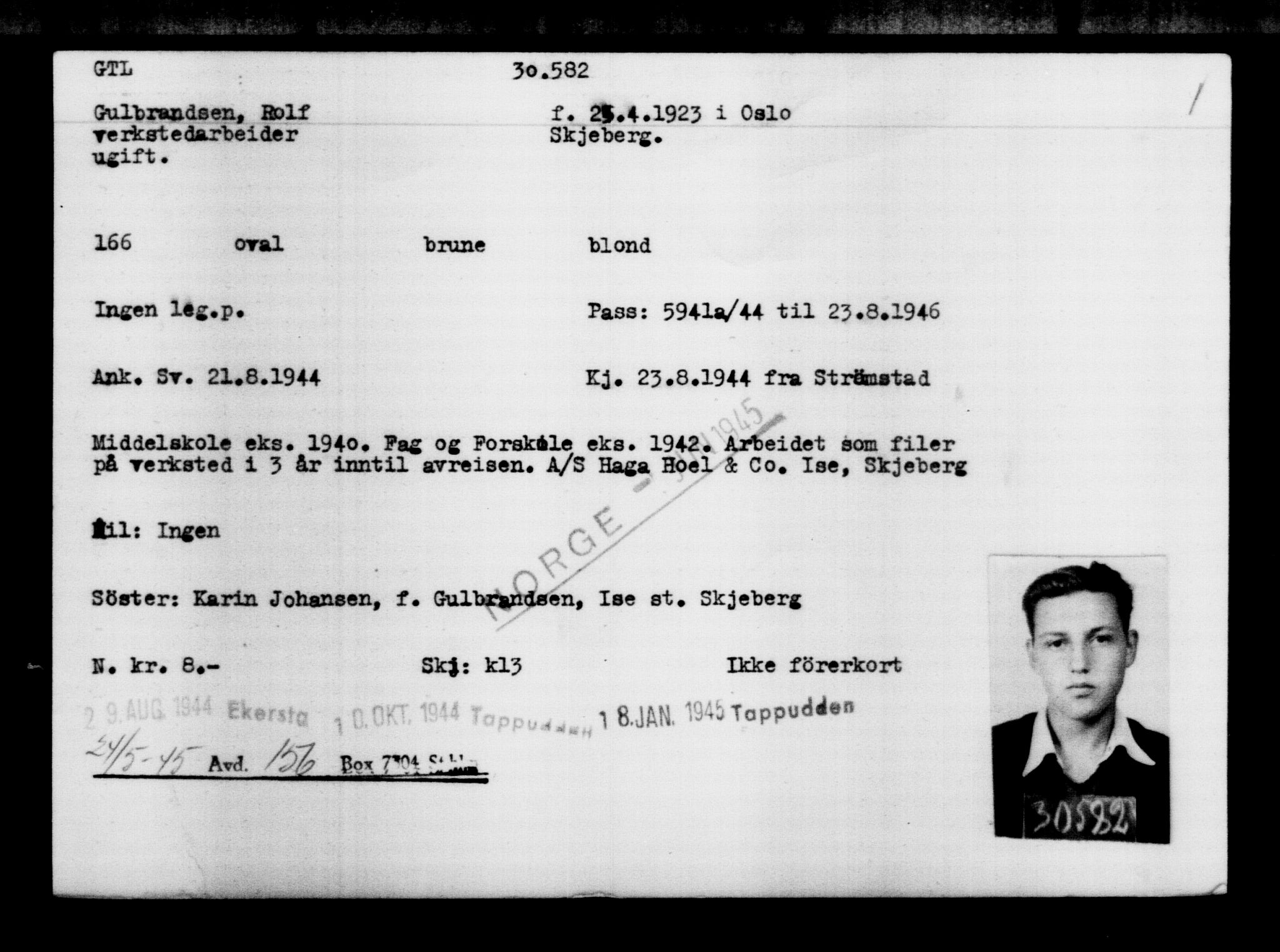 Utenriksstasjonene, Legasjonen i Stockholm, Flyktningkontoret, AV/RA-S-6753/V/Va/L0012: Kjesäterkartoteket, flyktninger med registreringsnr. 28300-31566, 1940-1945, s. 2488