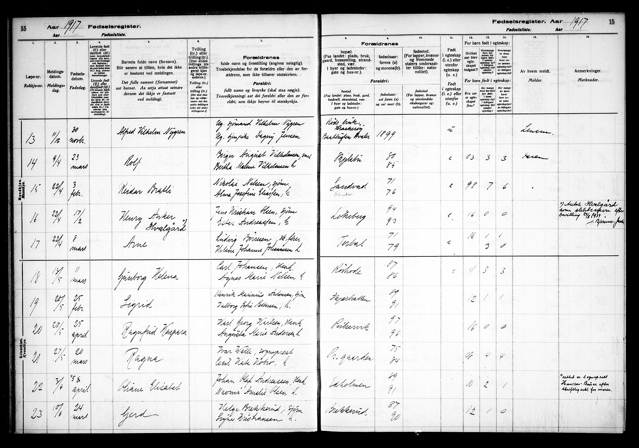 Hvaler prestekontor Kirkebøker, AV/SAO-A-2001/J/Ja/L0001: Fødselsregister nr. I 1, 1916-1938, s. 15