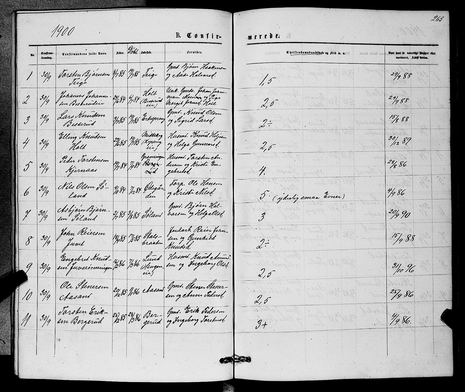 Sigdal kirkebøker, AV/SAKO-A-245/G/Gb/L0002: Klokkerbok nr. II 2, 1875-1900, s. 265