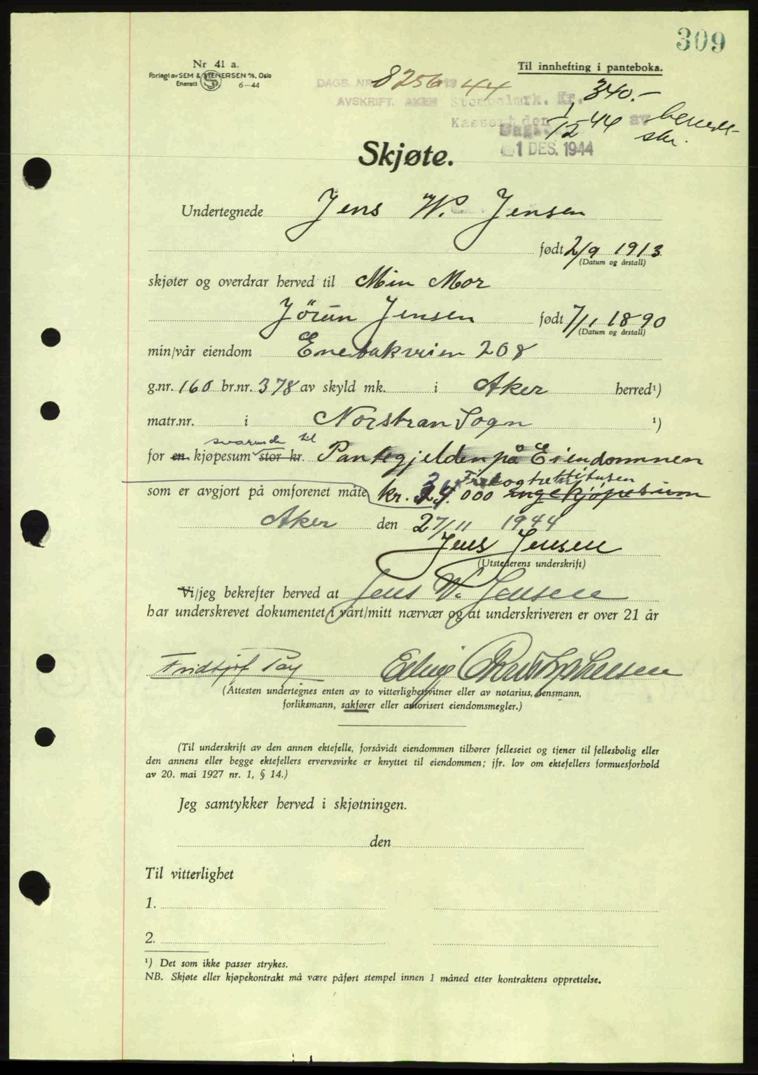 Aker herredsskriveri, SAO/A-10896/G/Gb/Gba/Gbab/L0063: Pantebok nr. A184-185, 1944-1945, Dagboknr: 8256/1944