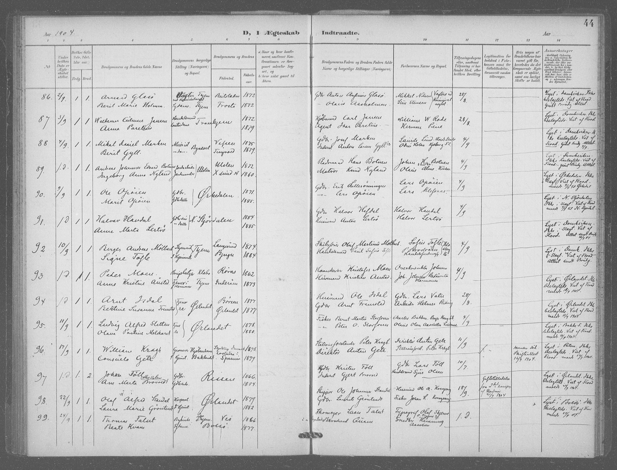 Ministerialprotokoller, klokkerbøker og fødselsregistre - Sør-Trøndelag, AV/SAT-A-1456/601/L0077: Residerende kapellans bok nr. 601B10, 1900-1907, s. 44