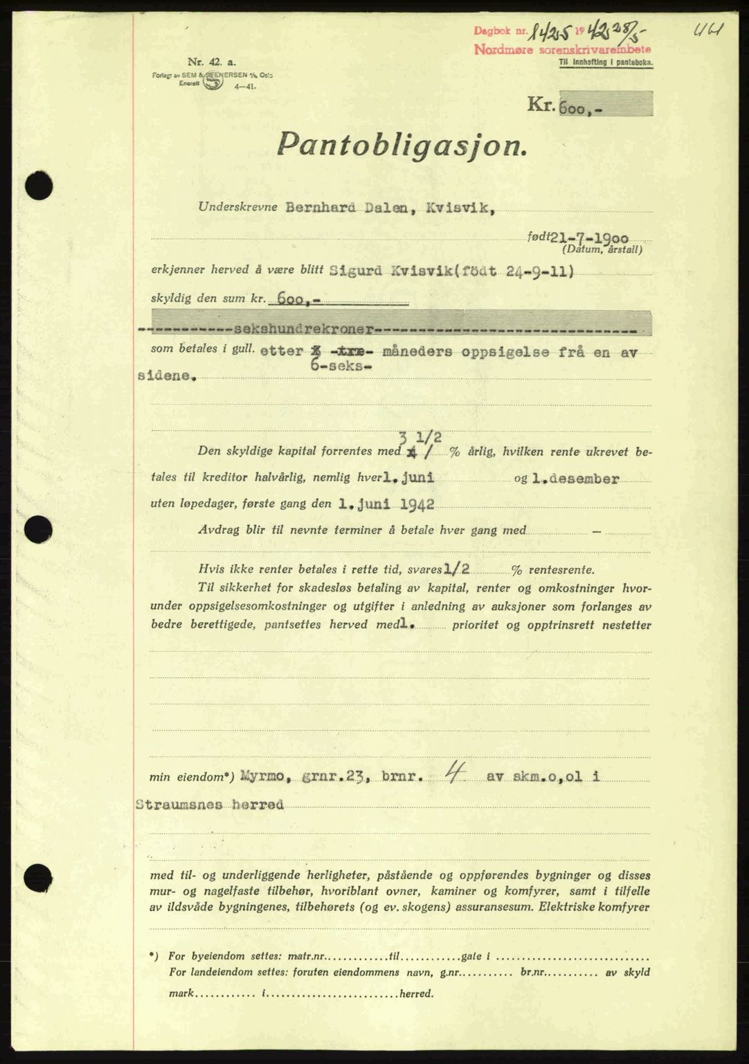 Nordmøre sorenskriveri, AV/SAT-A-4132/1/2/2Ca: Pantebok nr. B89, 1942-1942, Dagboknr: 1425/1942