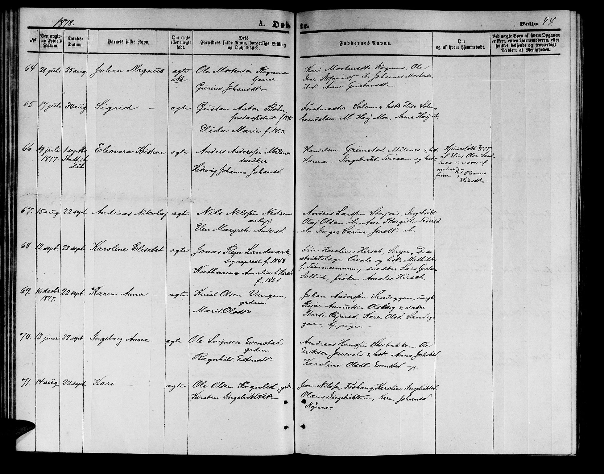 Målselv sokneprestembete, AV/SATØ-S-1311/G/Ga/Gab/L0003klokker: Klokkerbok nr. 3, 1874-1885, s. 44