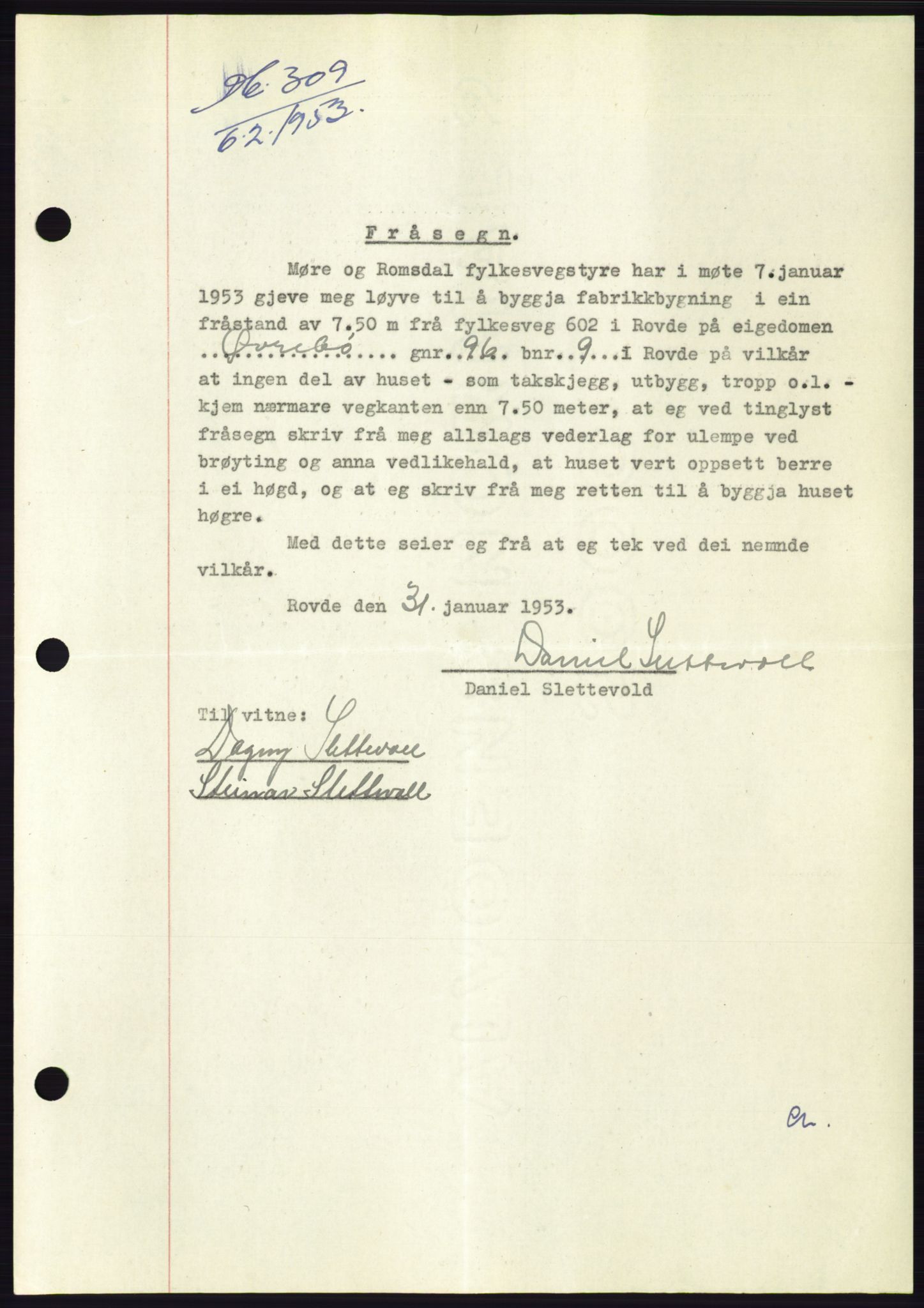 Søre Sunnmøre sorenskriveri, AV/SAT-A-4122/1/2/2C/L0094: Pantebok nr. 20A, 1953-1953, Dagboknr: 309/1953