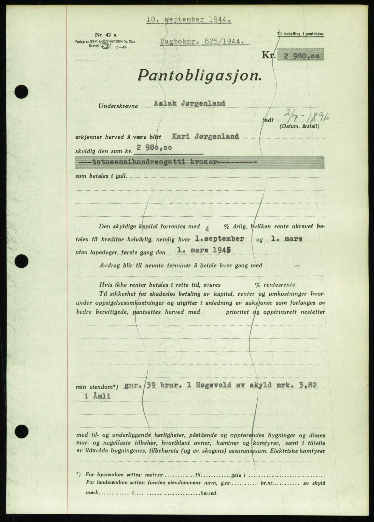 Nedenes sorenskriveri, AV/SAK-1221-0006/G/Gb/Gbb/L0002: Pantebok nr. II, 1942-1945, Dagboknr: 825/1944