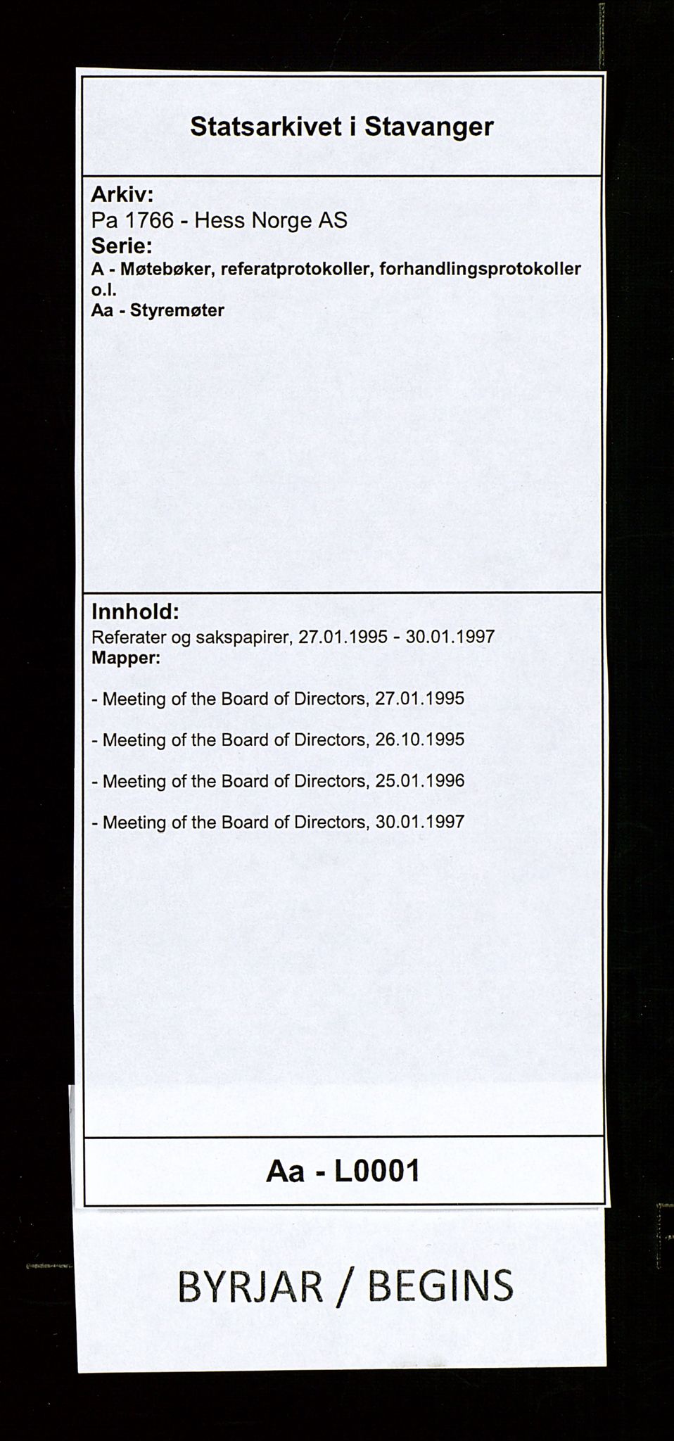 Pa 1766 - Hess Norge AS, AV/SAST-A-102451/A/Aa/L0001: Referater og sakspapirer, 1995-1997, s. 1