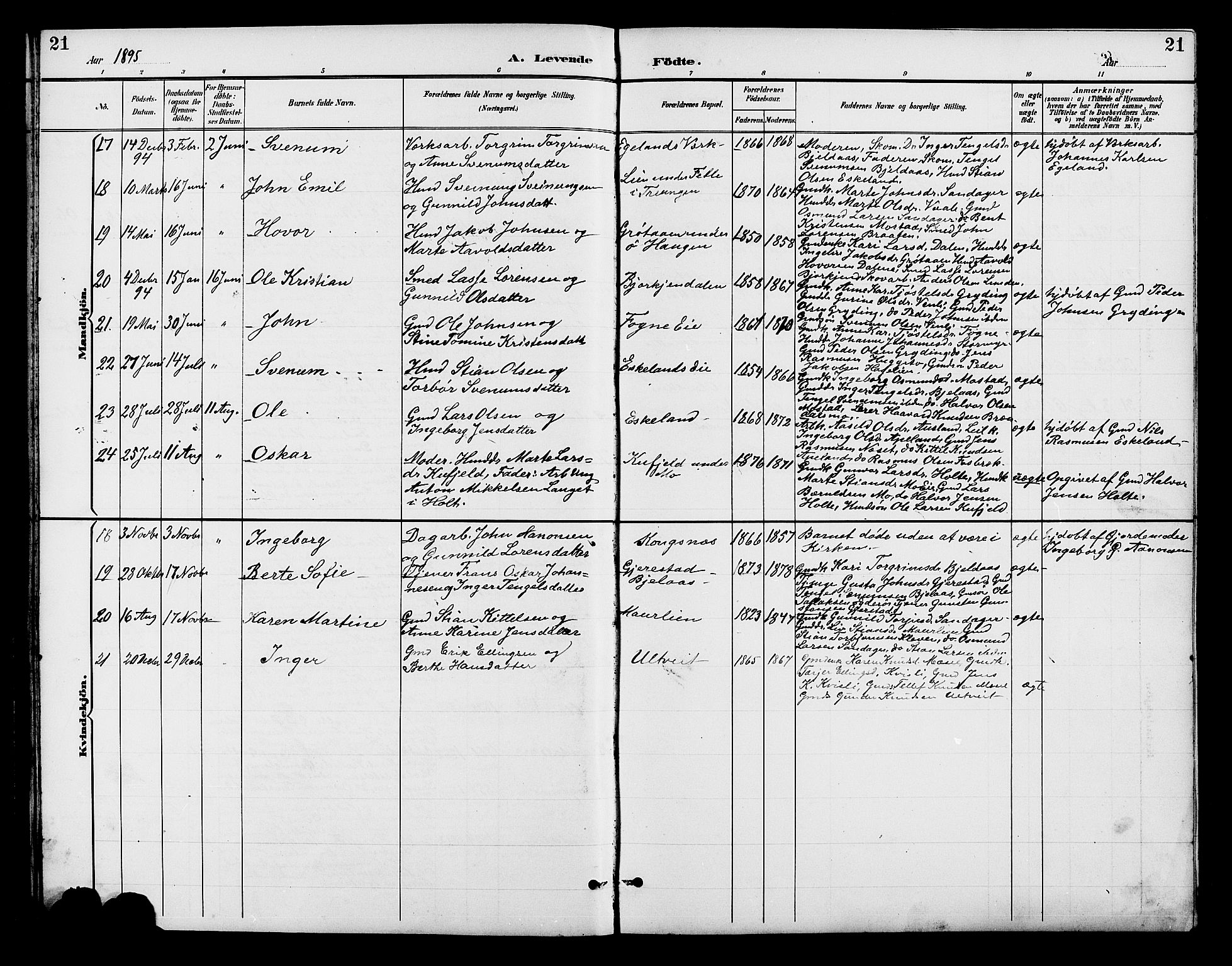Gjerstad sokneprestkontor, AV/SAK-1111-0014/F/Fb/Fba/L0007: Klokkerbok nr. B 7, 1891-1908, s. 21