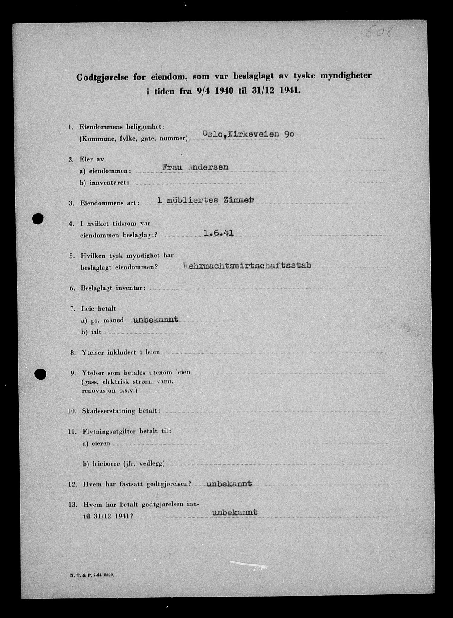 Justisdepartementet, Tilbakeføringskontoret for inndratte formuer, AV/RA-S-1564/I/L1010: Godtgjørelse for beslaglagt eiendom, 1940-1941, s. 316