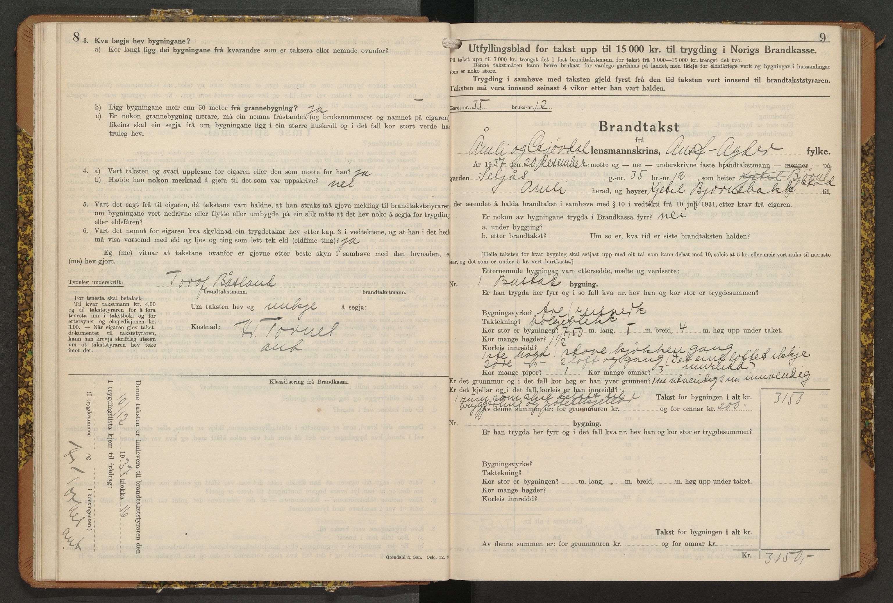 Norges Brannkasse Åmli og Gjøvdal, AV/SAK-2241-0061/F/Fa/L0008: Branntakstprotokoll nr. 8 med originalt register, 1937-1949