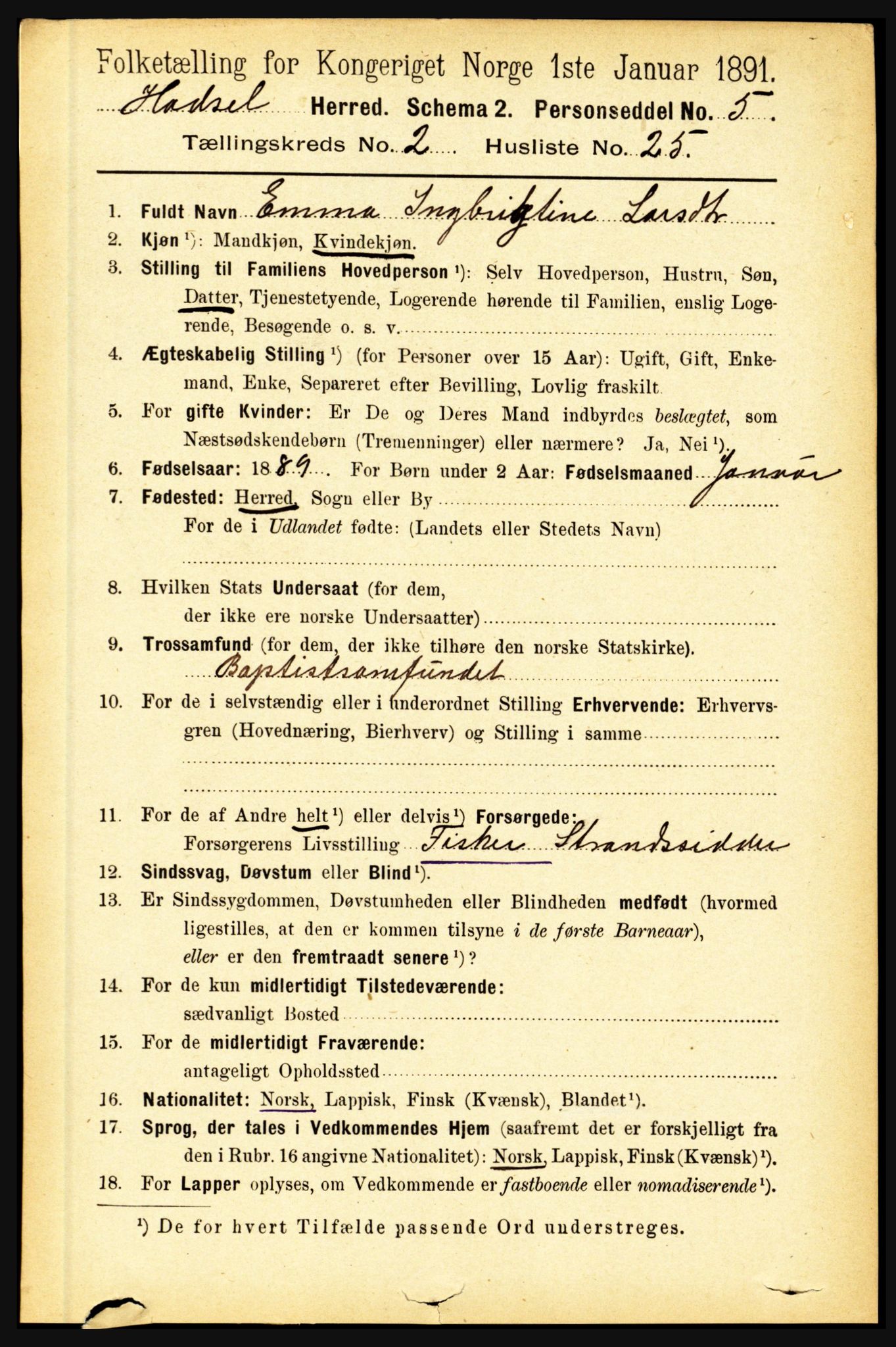 RA, Folketelling 1891 for 1866 Hadsel herred, 1891, s. 805