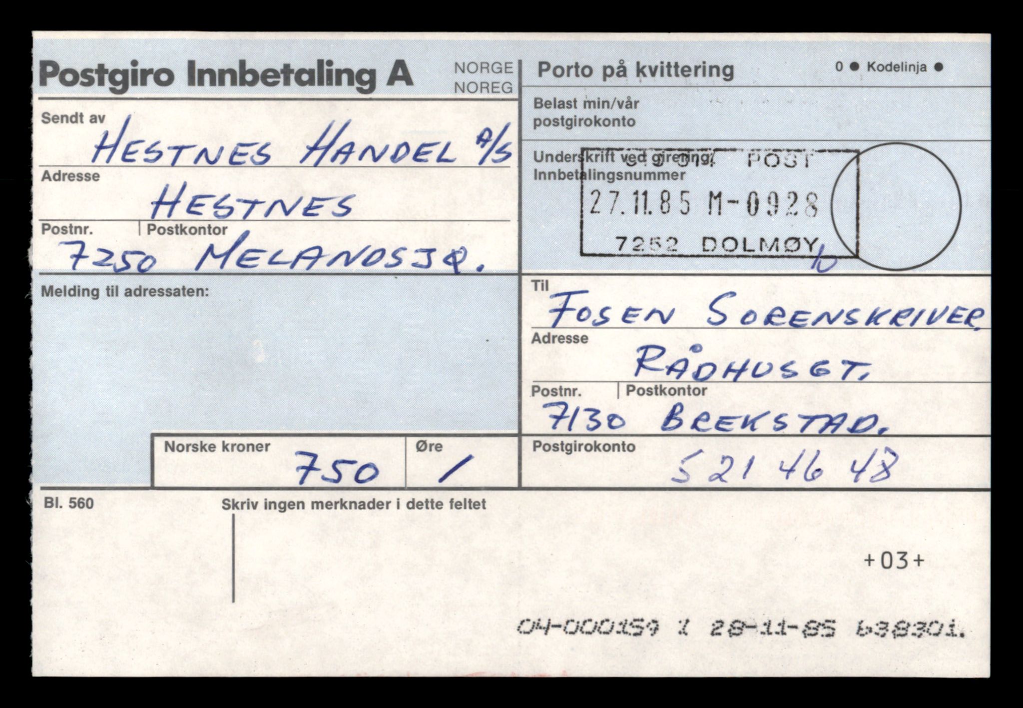 Fosen sorenskriveri, AV/SAT-A-1107/2/J/Jd/Jdc/L0017: Bilag, 1985-1986, s. 5