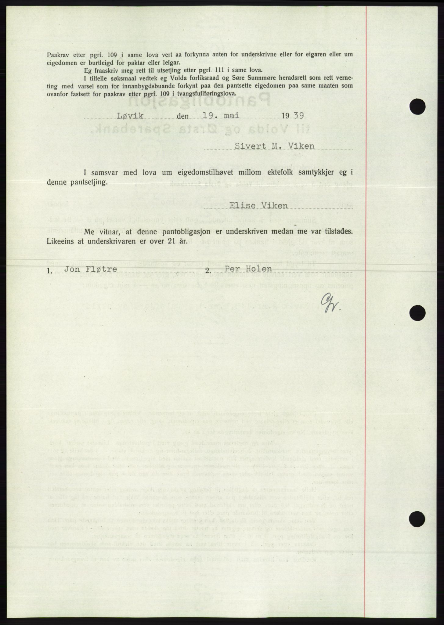 Søre Sunnmøre sorenskriveri, AV/SAT-A-4122/1/2/2C/L0068: Pantebok nr. 62, 1939-1939, Dagboknr: 775/1939