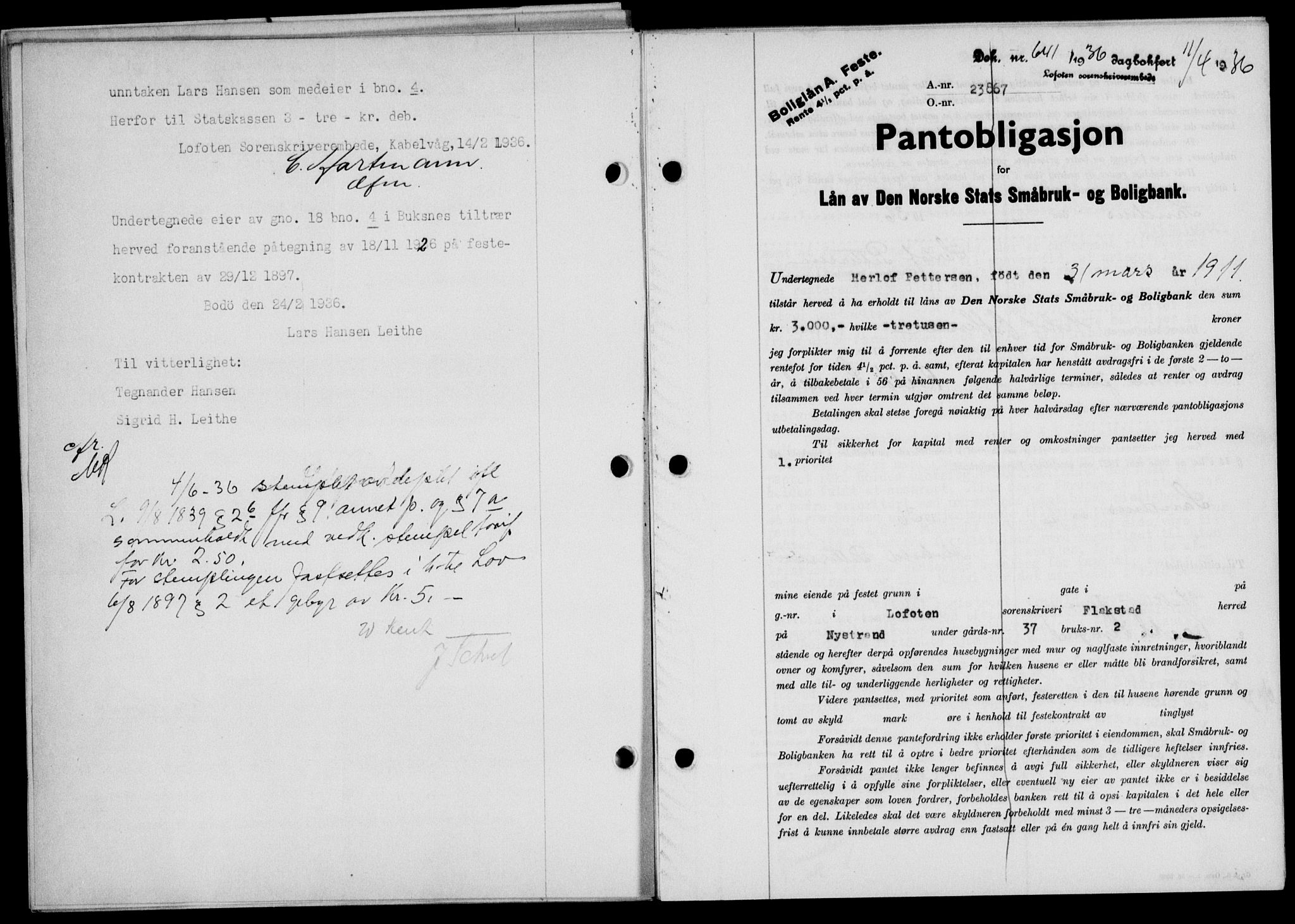 Lofoten sorenskriveri, SAT/A-0017/1/2/2C/L0033b: Pantebok nr. 33b, 1936-1936, Dagboknr: 641/1936