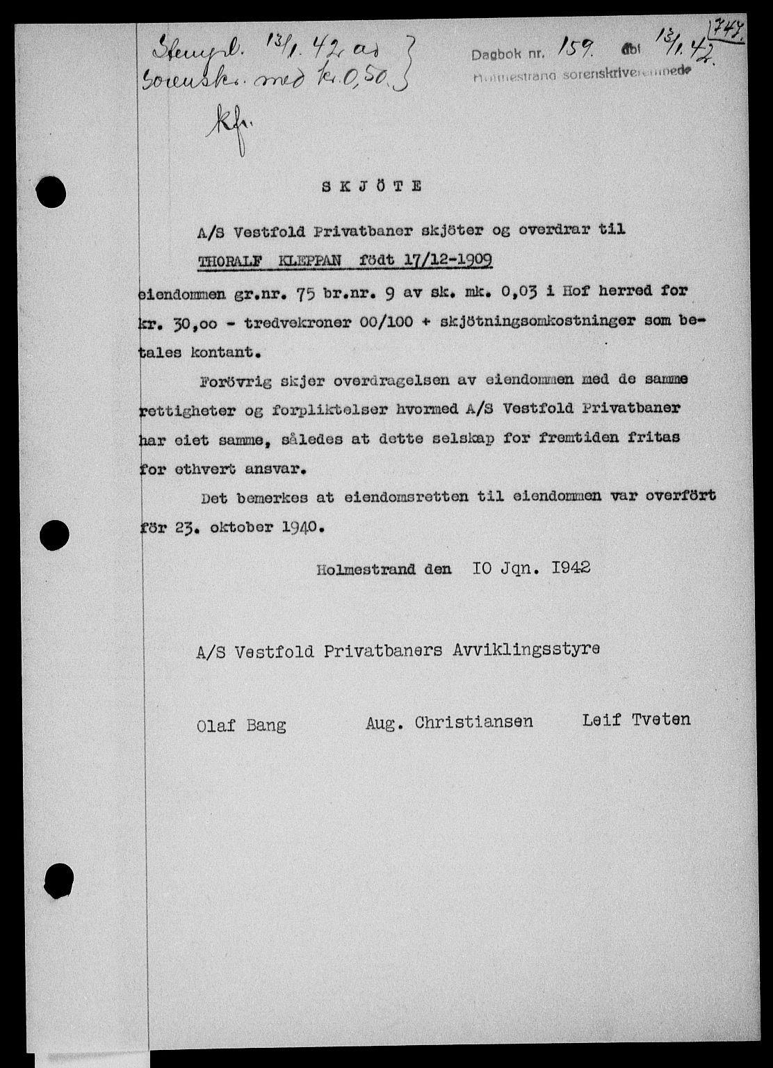 Holmestrand sorenskriveri, SAKO/A-67/G/Ga/Gaa/L0054: Pantebok nr. A-54, 1941-1942, Dagboknr: 159/1942
