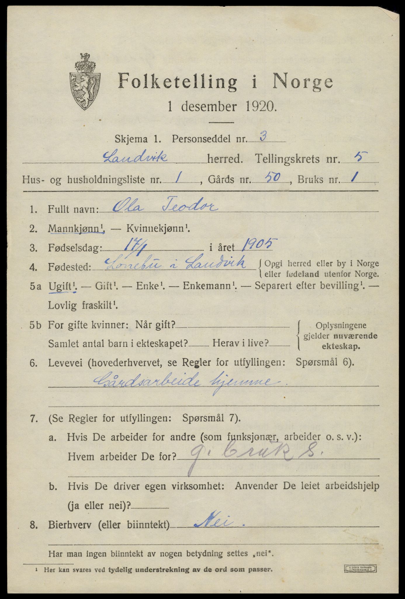 SAK, Folketelling 1920 for 0924 Landvik herred, 1920, s. 4012