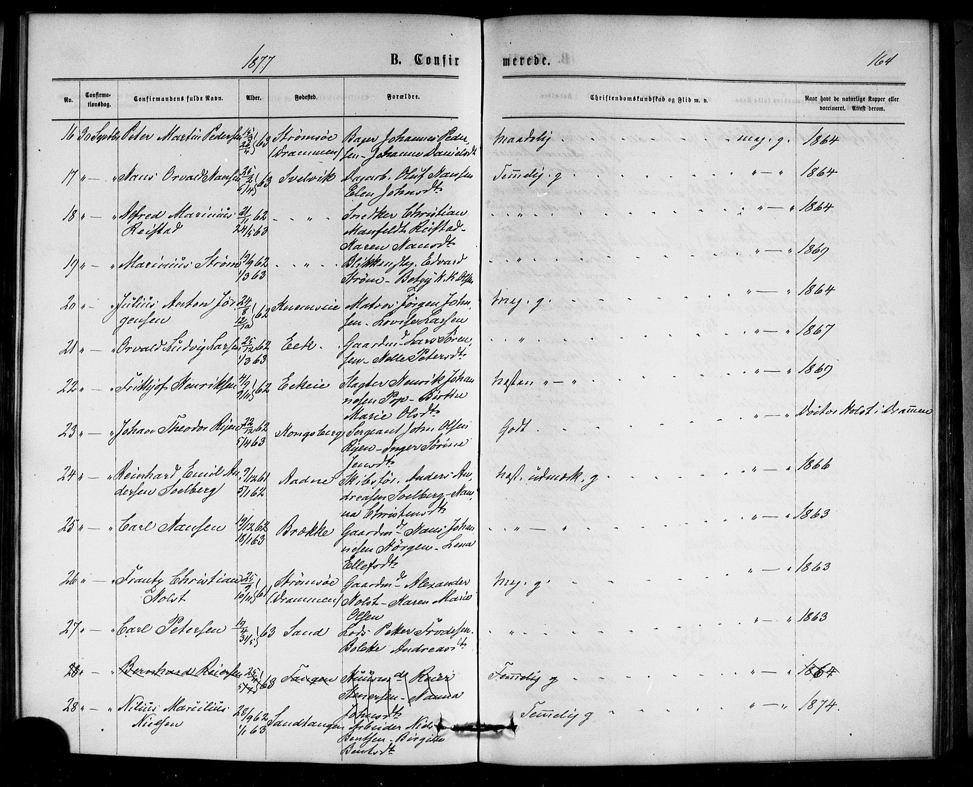 Strømm kirkebøker, AV/SAKO-A-322/F/Fa/L0002: Ministerialbok nr. I 2, 1870-1877, s. 164