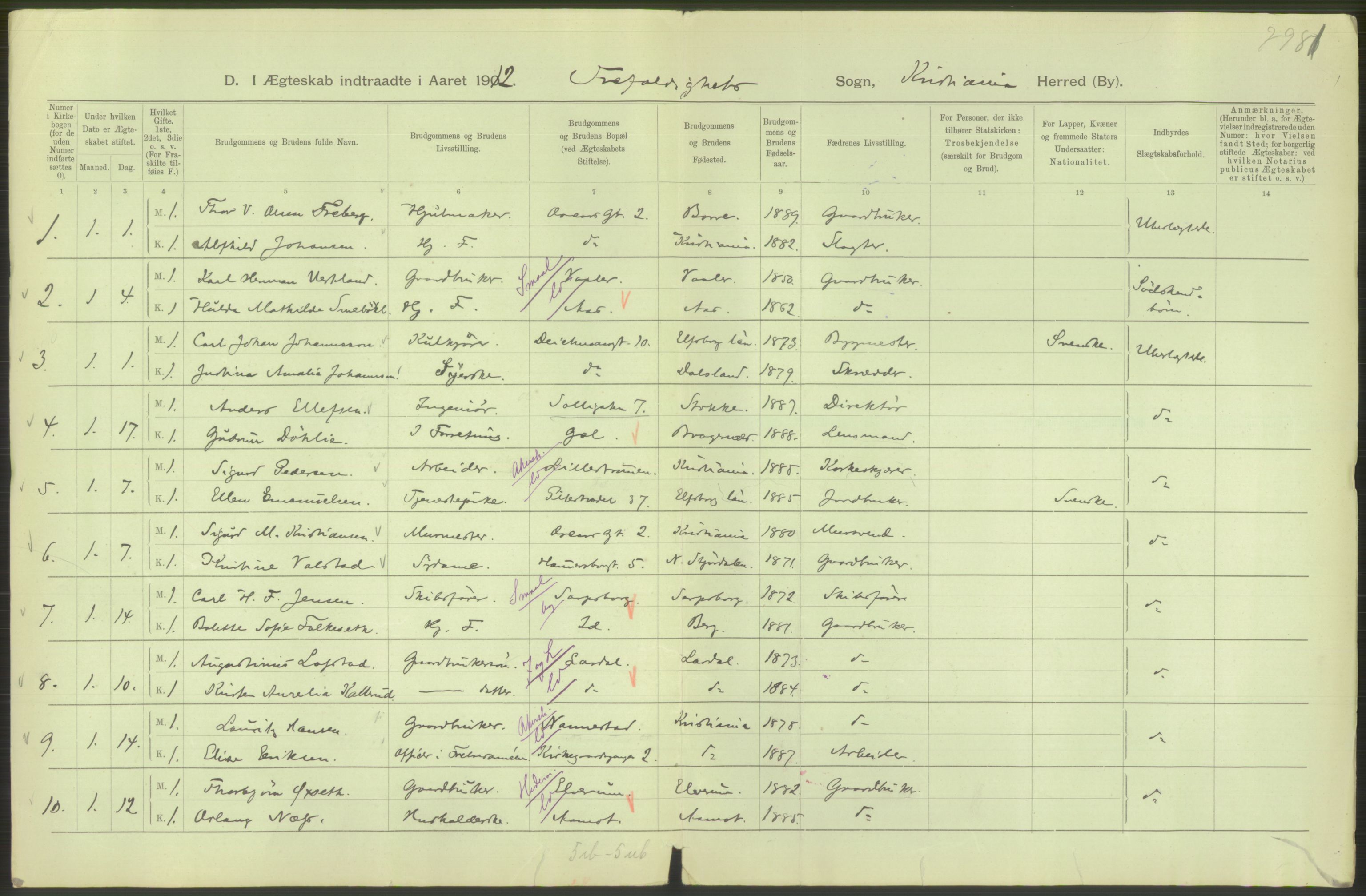 Statistisk sentralbyrå, Sosiodemografiske emner, Befolkning, RA/S-2228/D/Df/Dfb/Dfbb/L0008: Kristiania: Gifte, 1912, s. 664