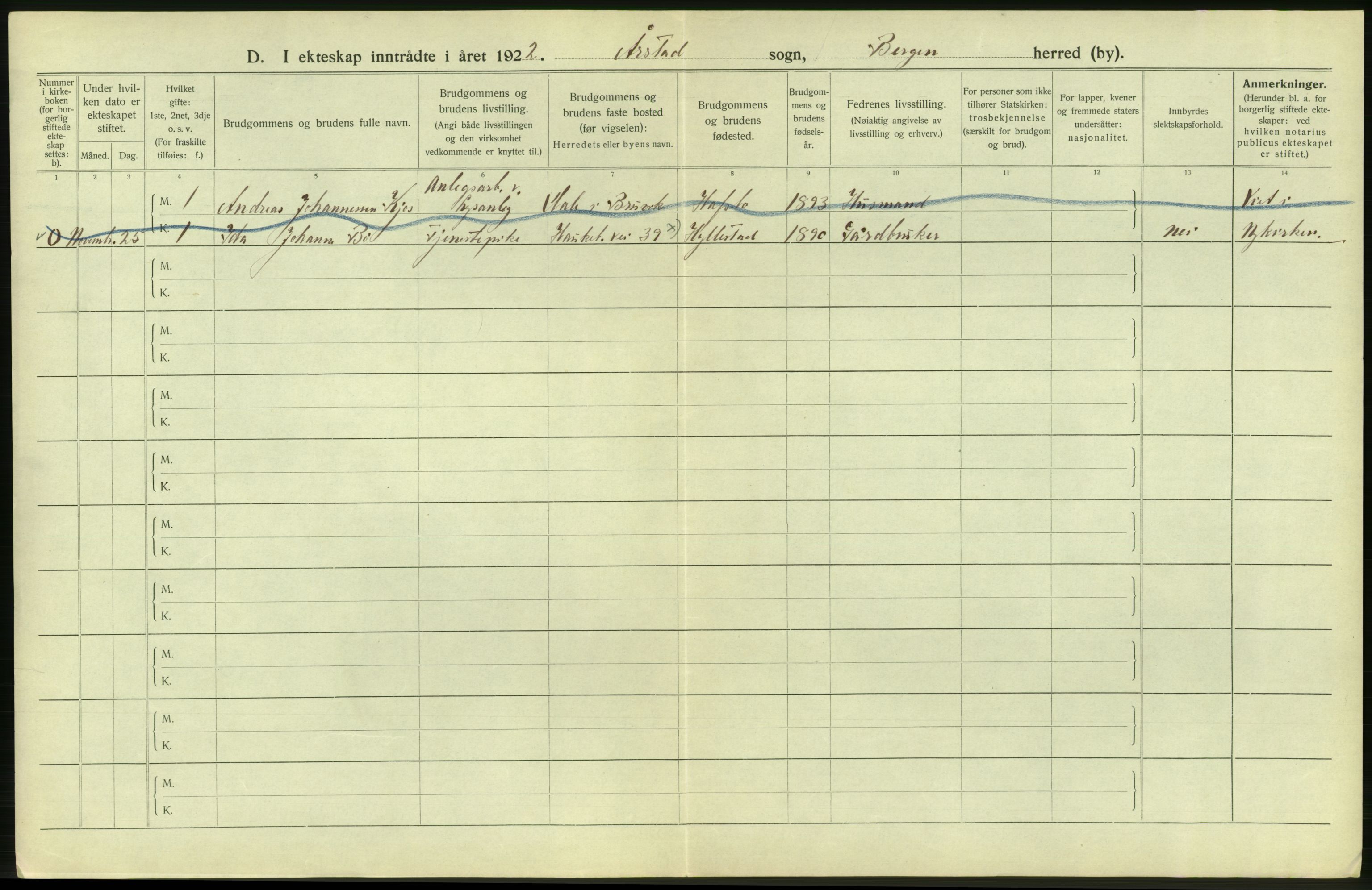 Statistisk sentralbyrå, Sosiodemografiske emner, Befolkning, RA/S-2228/D/Df/Dfc/Dfcb/L0030: Bergen: Gifte, døde, dødfødte., 1922, s. 64