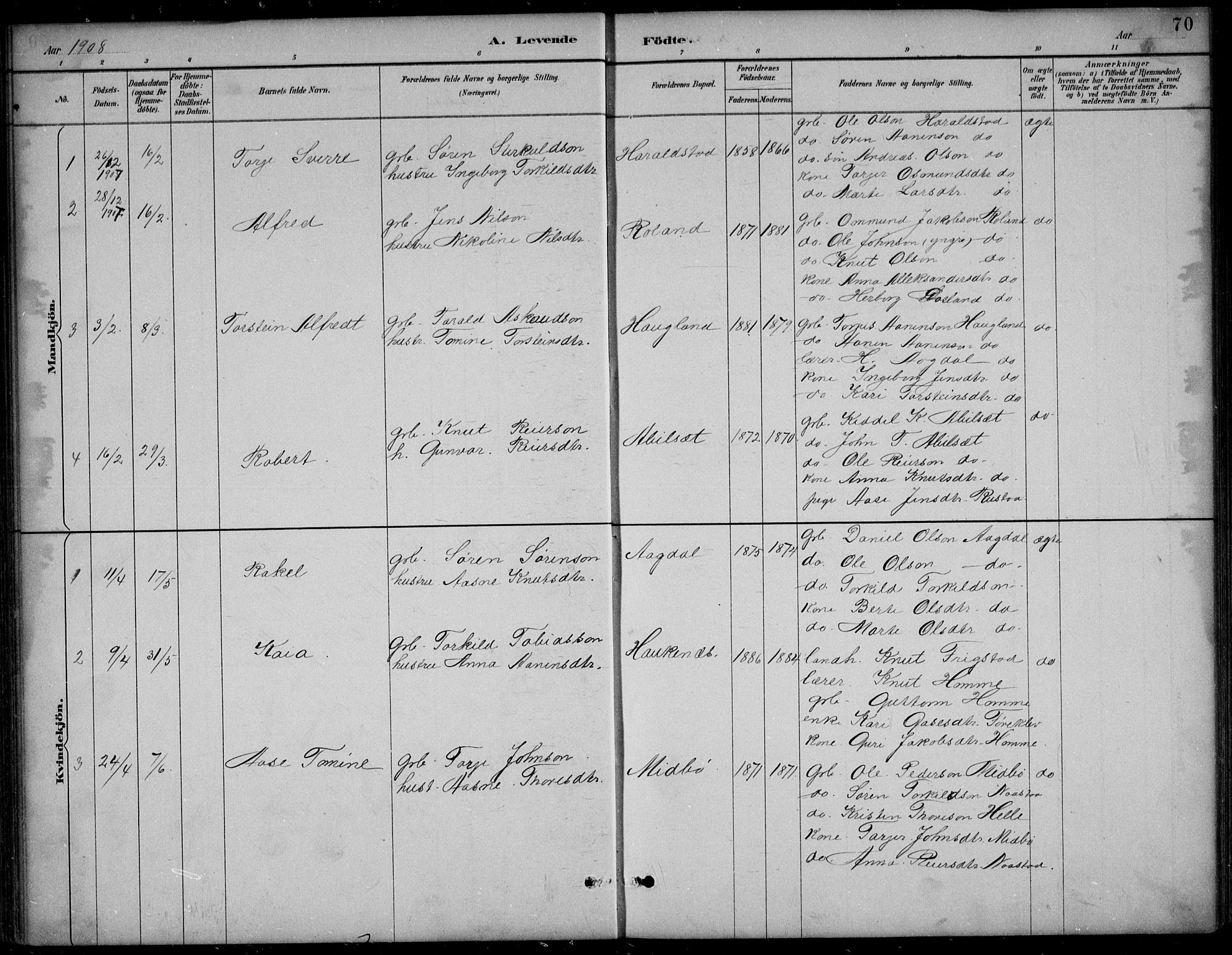 Bjelland sokneprestkontor, AV/SAK-1111-0005/F/Fb/Fba/L0005: Klokkerbok nr. B 5, 1887-1923, s. 70