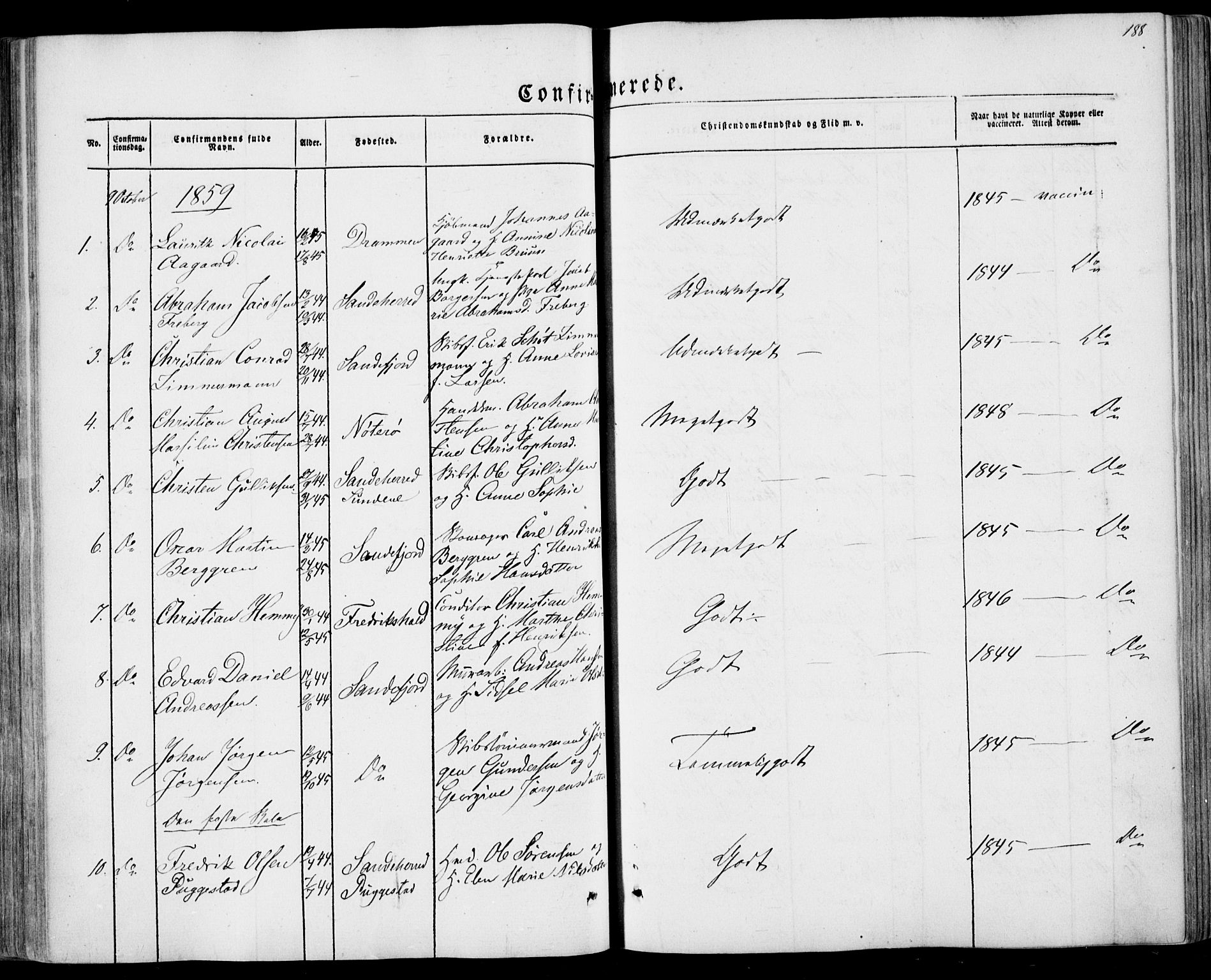 Sandar kirkebøker, AV/SAKO-A-243/F/Fa/L0007: Ministerialbok nr. 7, 1855-1861, s. 188