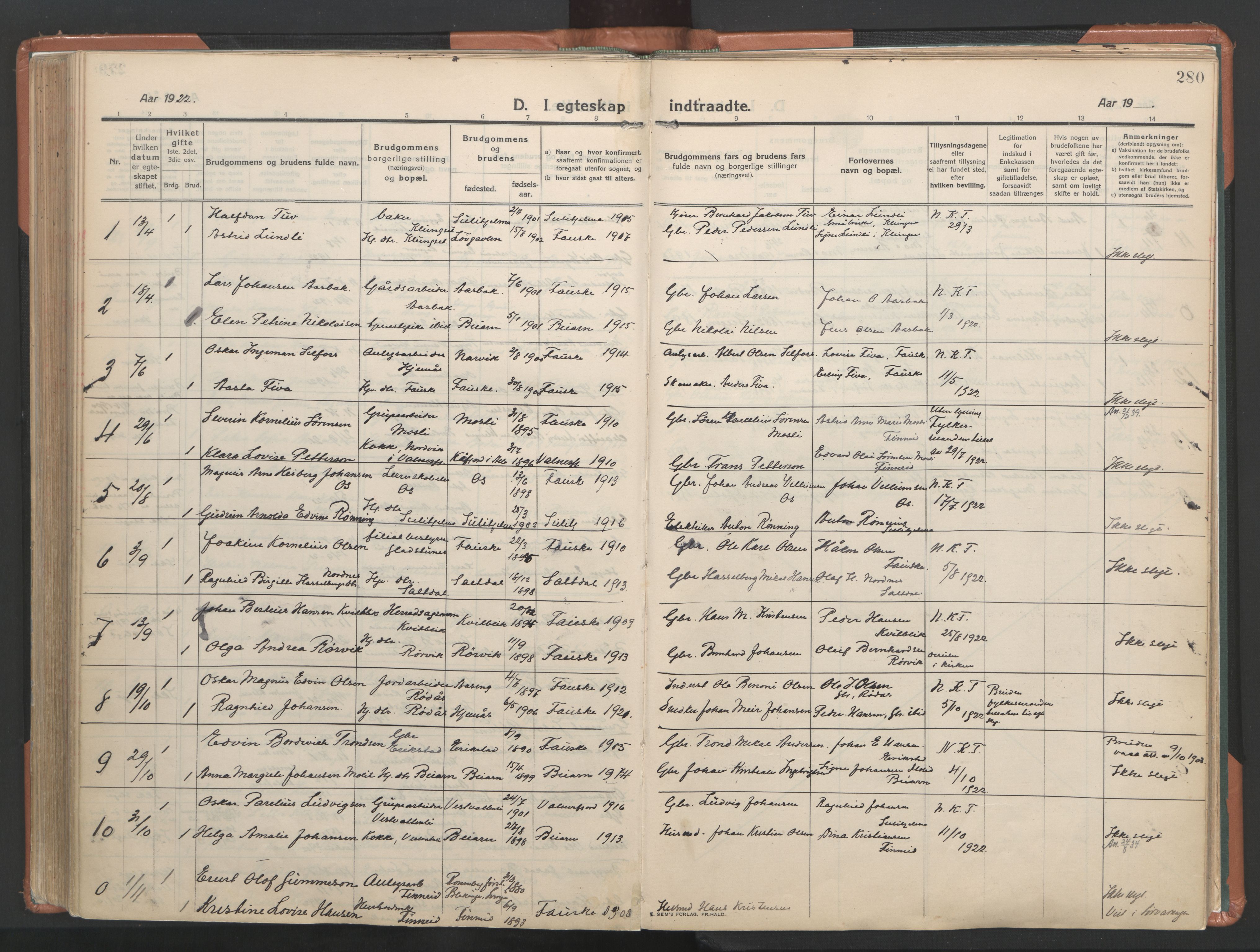 Ministerialprotokoller, klokkerbøker og fødselsregistre - Nordland, AV/SAT-A-1459/849/L0698: Ministerialbok nr. 849A09, 1911-1924, s. 280