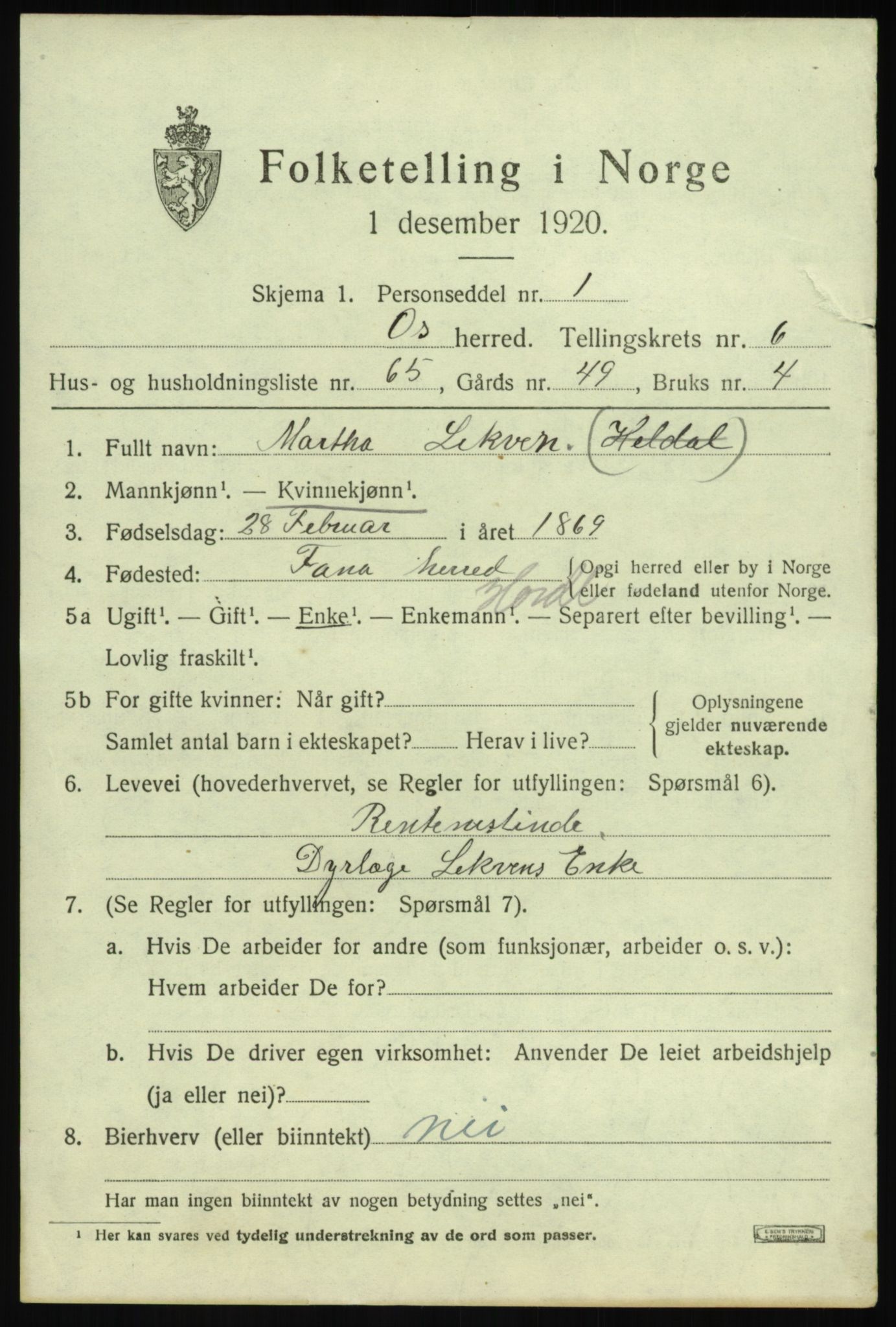 SAB, Folketelling 1920 for 1243 Os herred, 1920, s. 5694