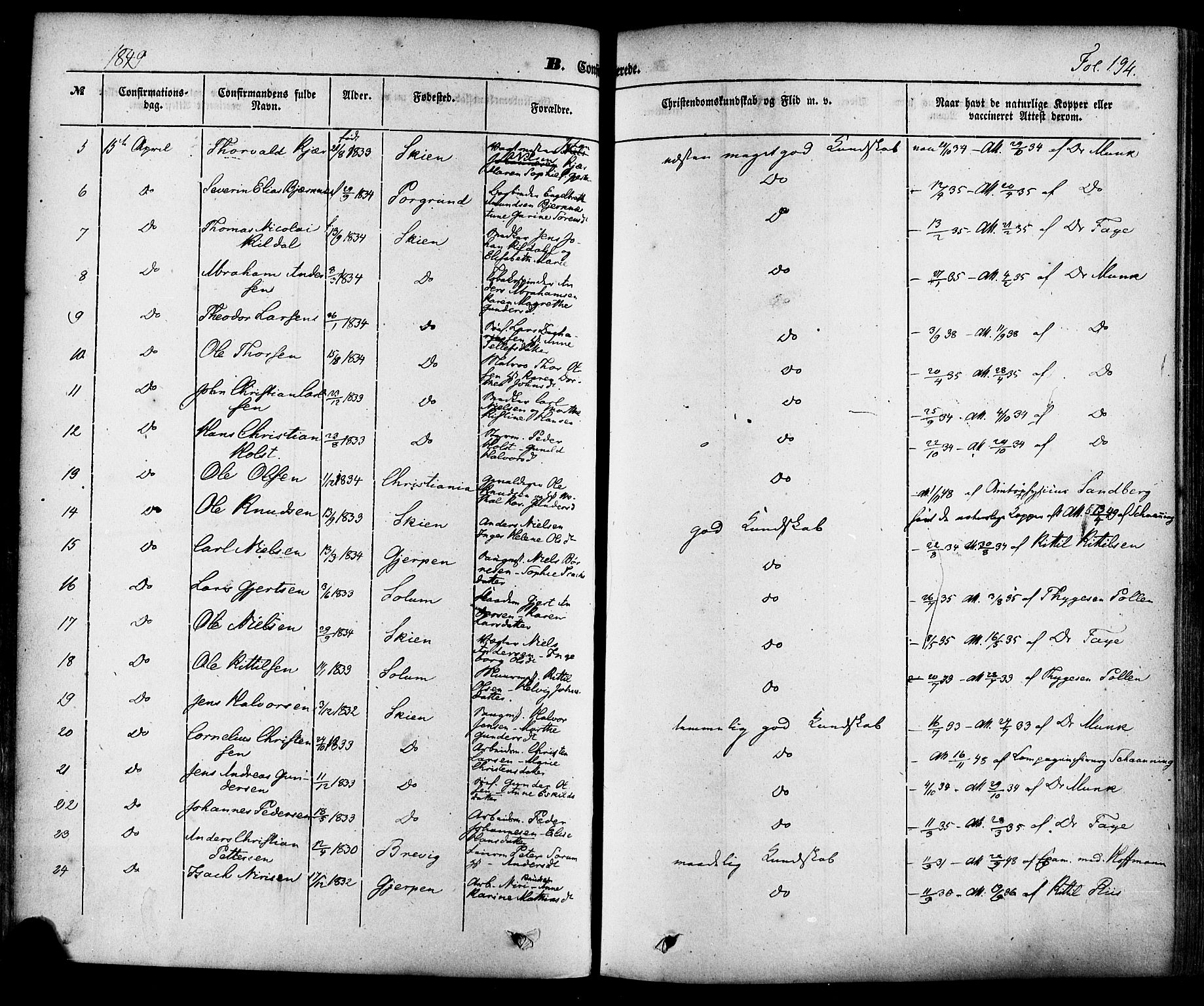 Skien kirkebøker, AV/SAKO-A-302/F/Fa/L0006a: Ministerialbok nr. 6A, 1843-1856, s. 194