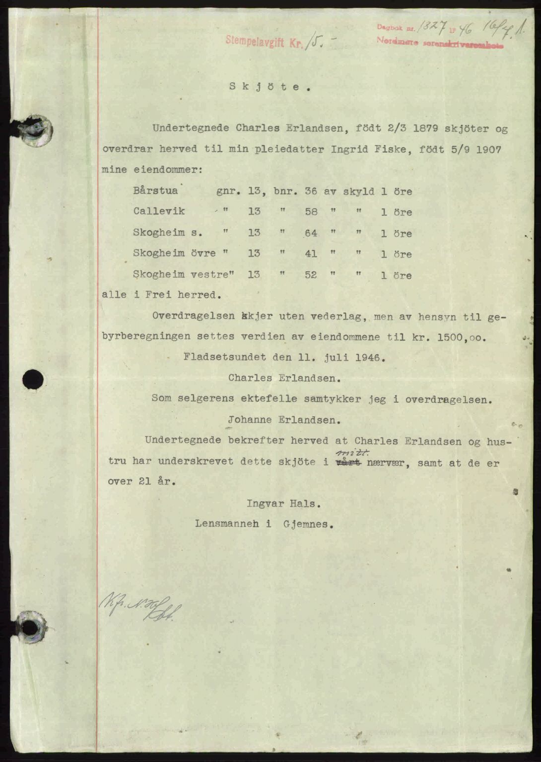 Nordmøre sorenskriveri, SAT/A-4132/1/2/2Ca: Pantebok nr. A102, 1946-1946, Dagboknr: 1327/1946