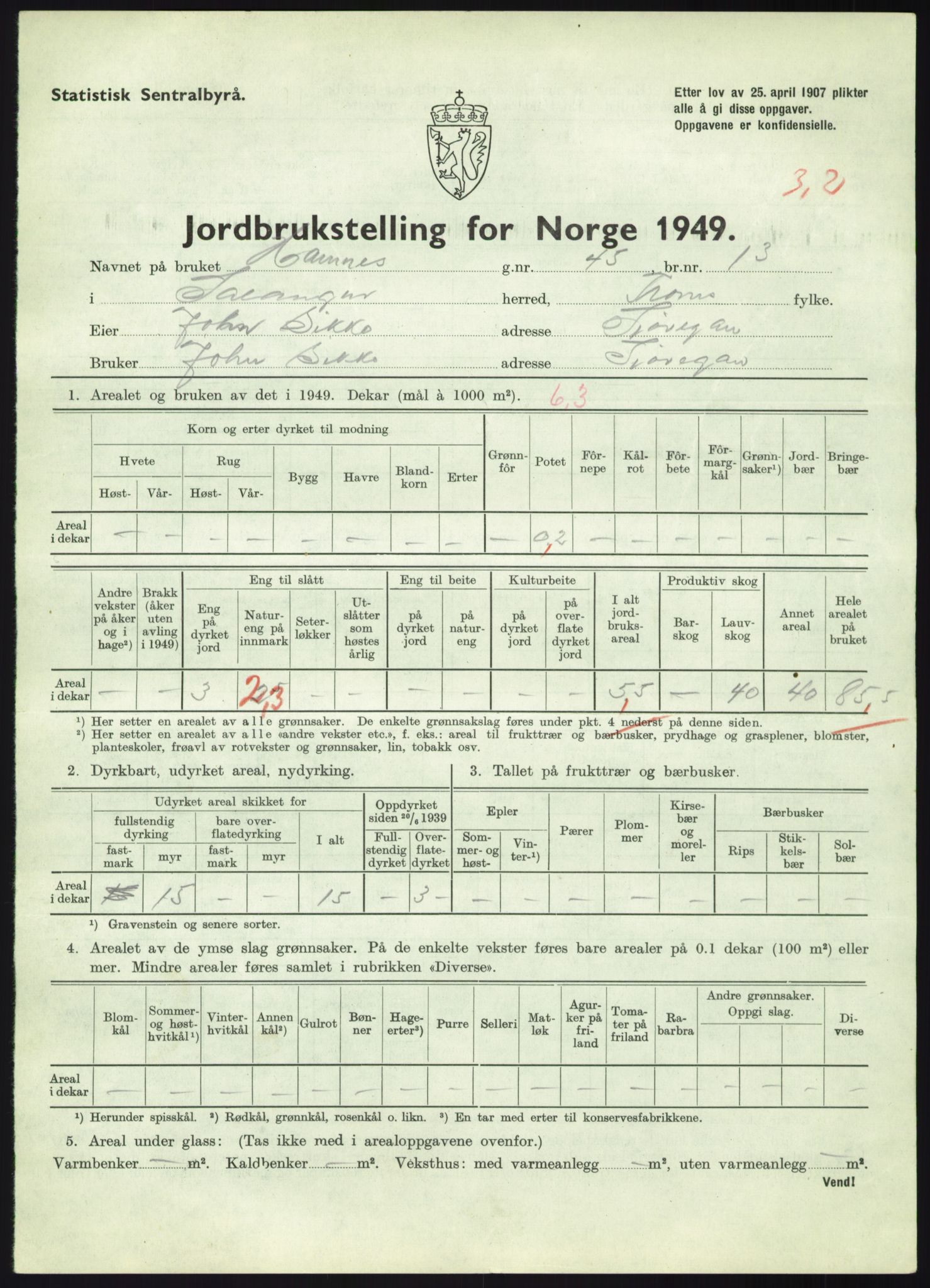 Statistisk sentralbyrå, Næringsøkonomiske emner, Jordbruk, skogbruk, jakt, fiske og fangst, AV/RA-S-2234/G/Gc/L0438: Troms: Salangen og Bardu, 1949, s. 160