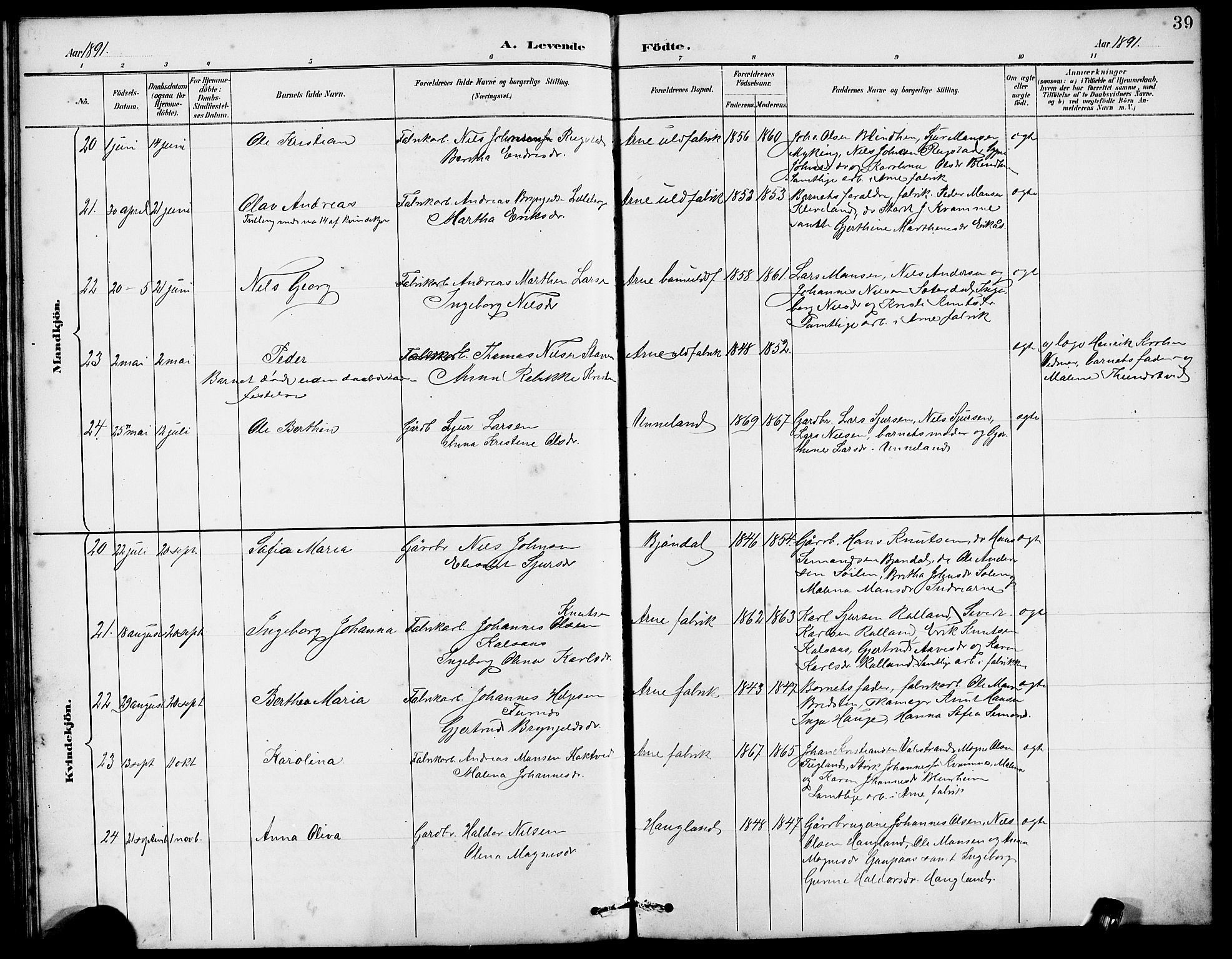 Arna sokneprestembete, AV/SAB-A-74001/H/Ha/Hab: Klokkerbok nr. A 3, 1887-1897, s. 39