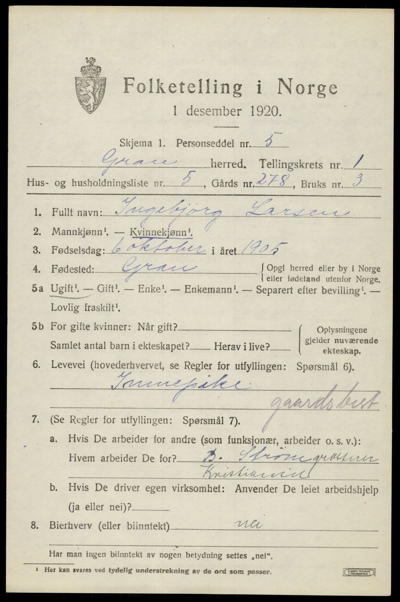 SAH, Folketelling 1920 for 0534 Gran herred, 1920, s. 1738