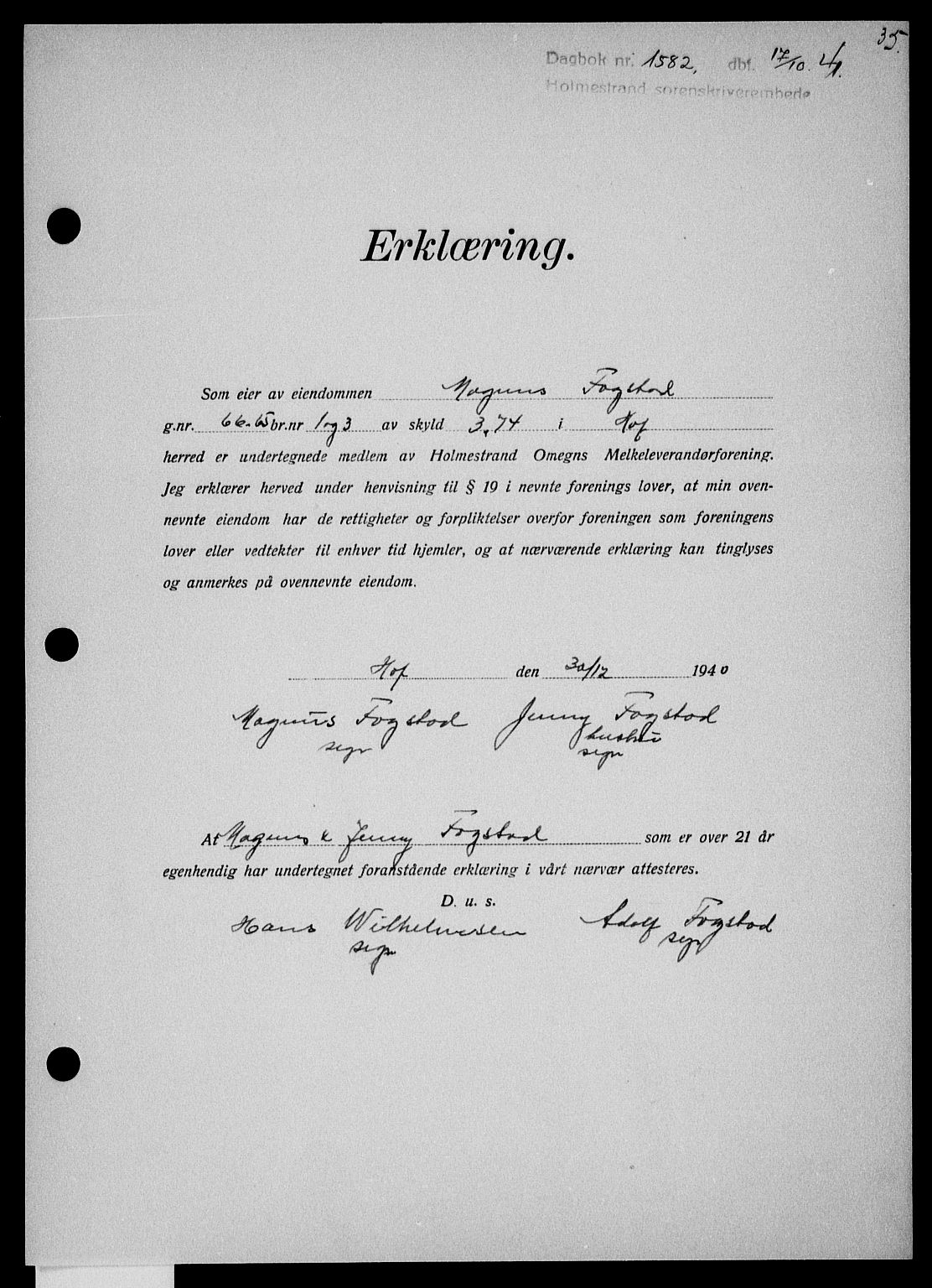 Holmestrand sorenskriveri, SAKO/A-67/G/Ga/Gaa/L0054: Pantebok nr. A-54, 1941-1942, Dagboknr: 1582/1941