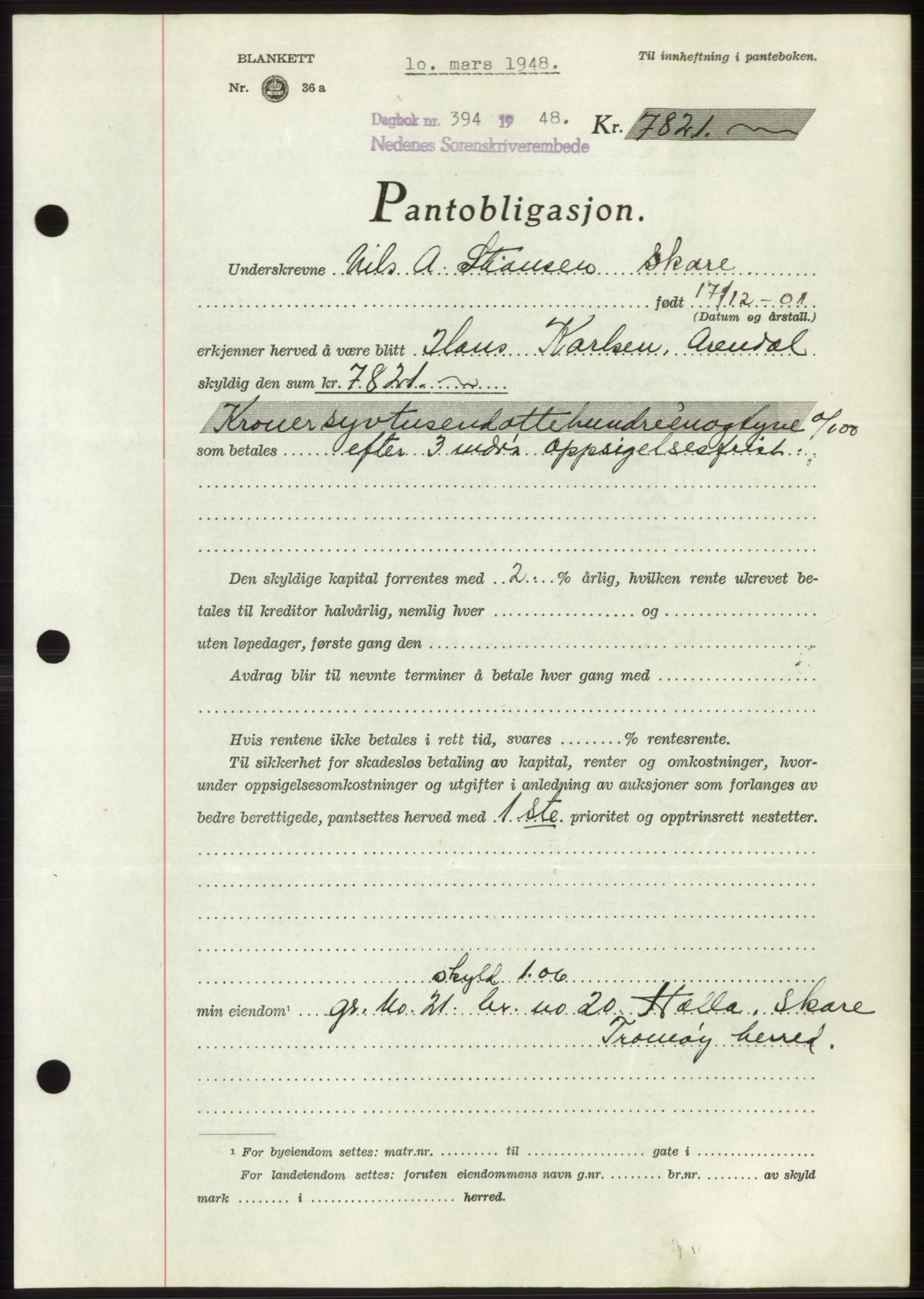 Nedenes sorenskriveri, AV/SAK-1221-0006/G/Gb/Gbb/L0005: Pantebok nr. B5, 1948-1948, Dagboknr: 394/1948