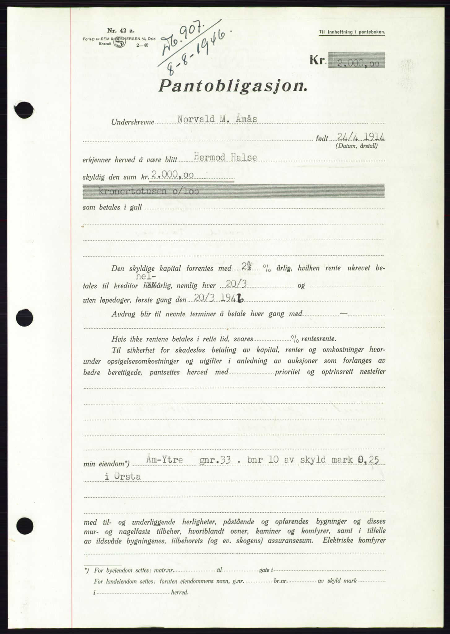 Søre Sunnmøre sorenskriveri, AV/SAT-A-4122/1/2/2C/L0114: Pantebok nr. 1-2B, 1943-1947, Dagboknr: 907/1946