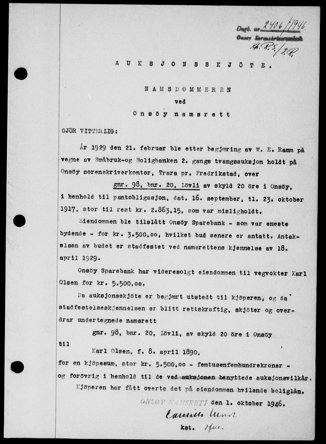 Onsøy sorenskriveri, SAO/A-10474/G/Ga/Gab/L0017: Pantebok nr. II A-17, 1946-1946, Dagboknr: 2406/1946