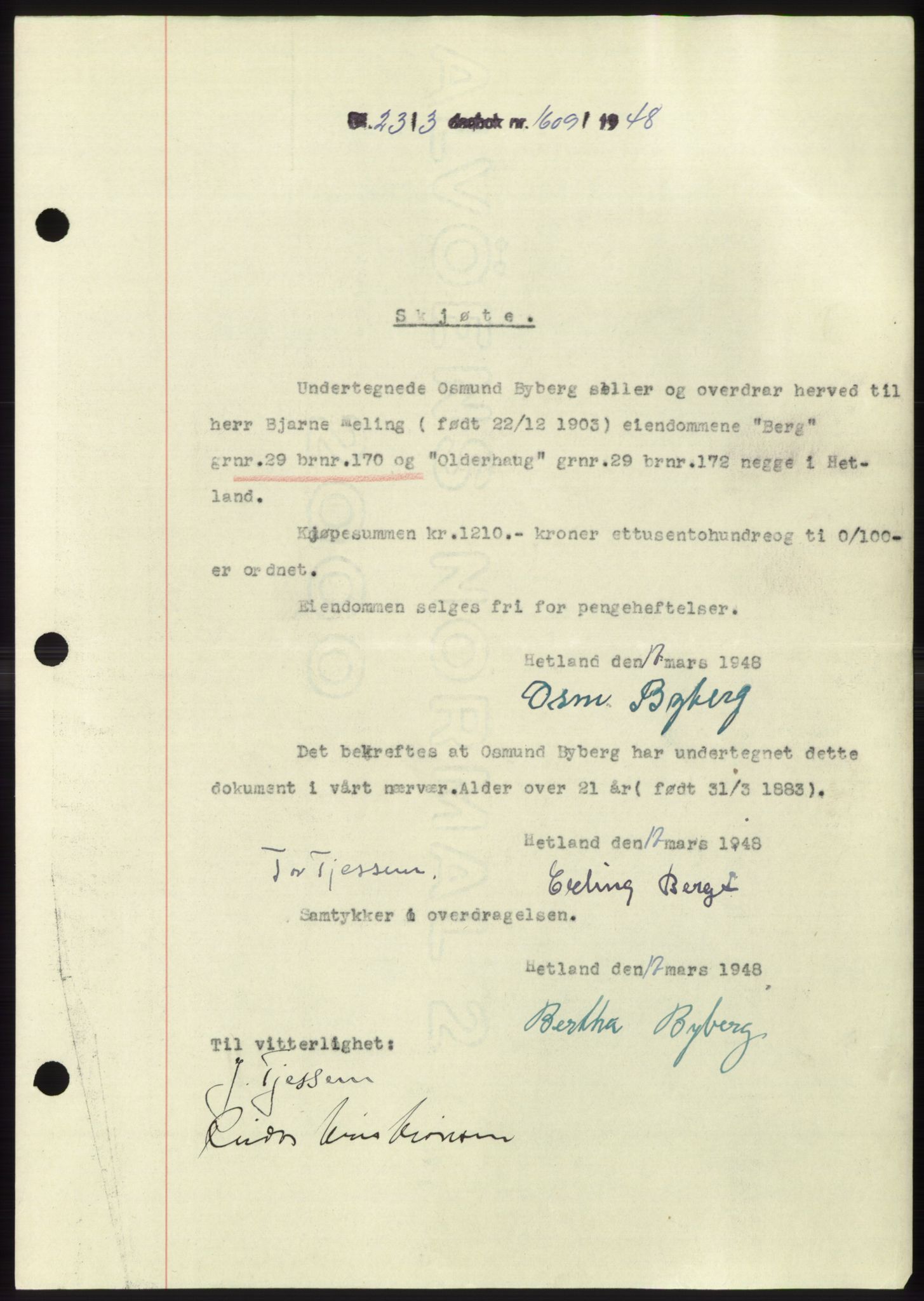 Jæren sorenskriveri, SAST/A-100310/03/G/Gba/L0098: Pantebok, 1948-1948, Dagboknr: 1609/1948