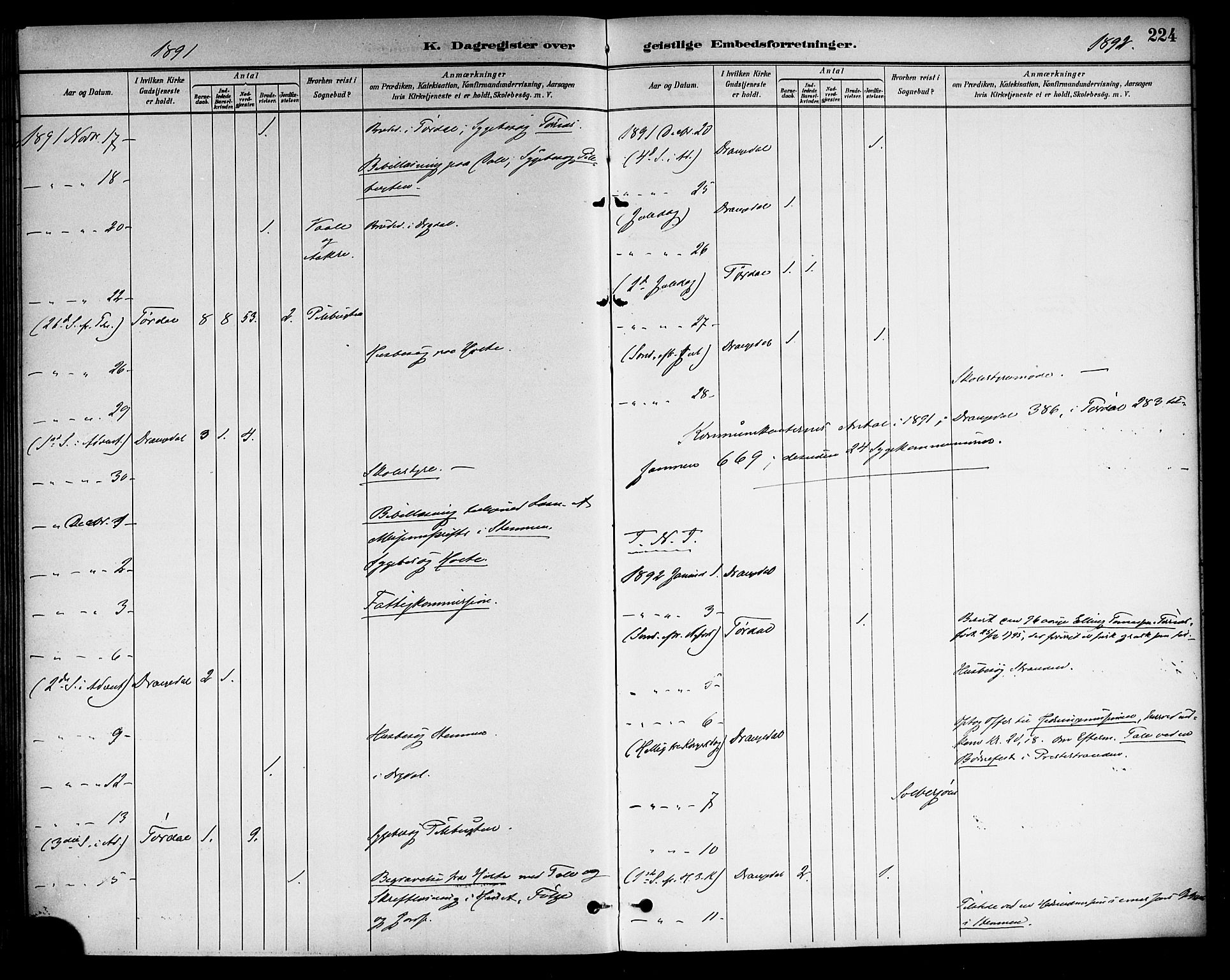 Drangedal kirkebøker, SAKO/A-258/F/Fa/L0011: Ministerialbok nr. 11 /1, 1885-1894, s. 224