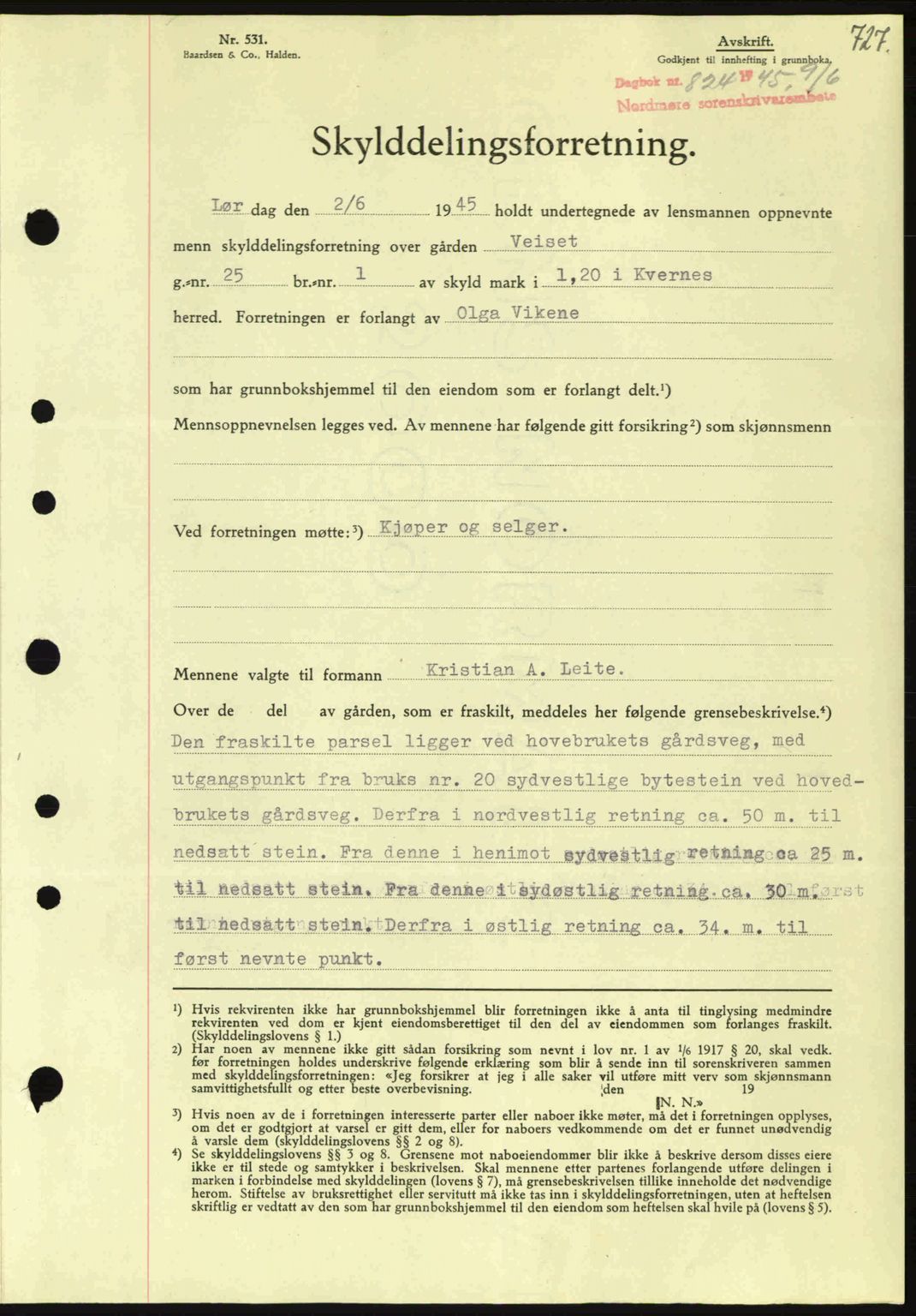Nordmøre sorenskriveri, SAT/A-4132/1/2/2Ca: Pantebok nr. A99, 1945-1945, Dagboknr: 824/1945