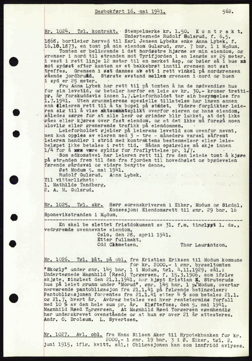 Eiker, Modum og Sigdal sorenskriveri, SAKO/A-123/G/Ga/Gab/L0043: Pantebok nr. A13, 1940-1941, Dagboknr: 1024/1941