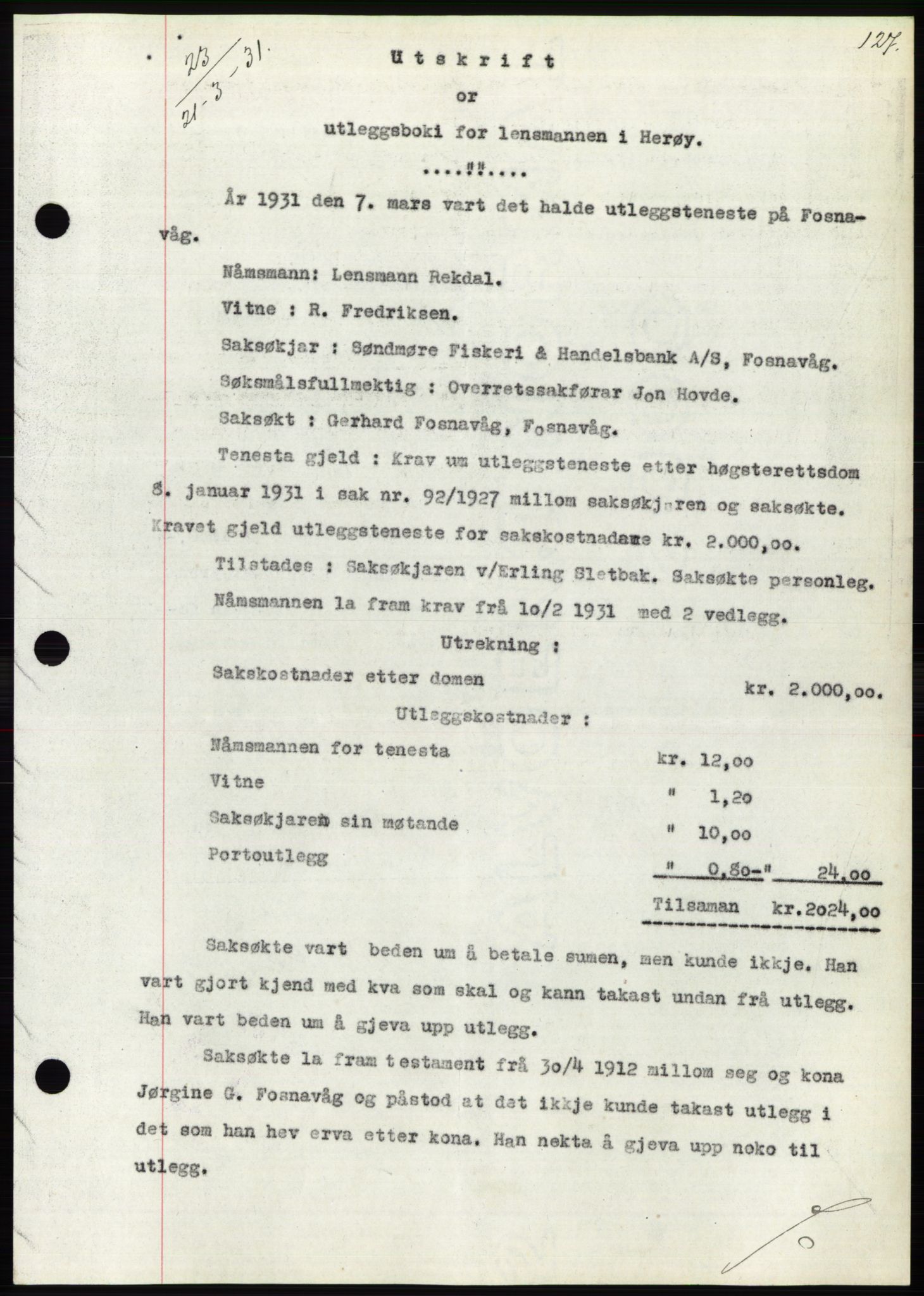 Søre Sunnmøre sorenskriveri, AV/SAT-A-4122/1/2/2C/L0052: Pantebok nr. 46, 1931-1931, Tingl.dato: 21.03.1931