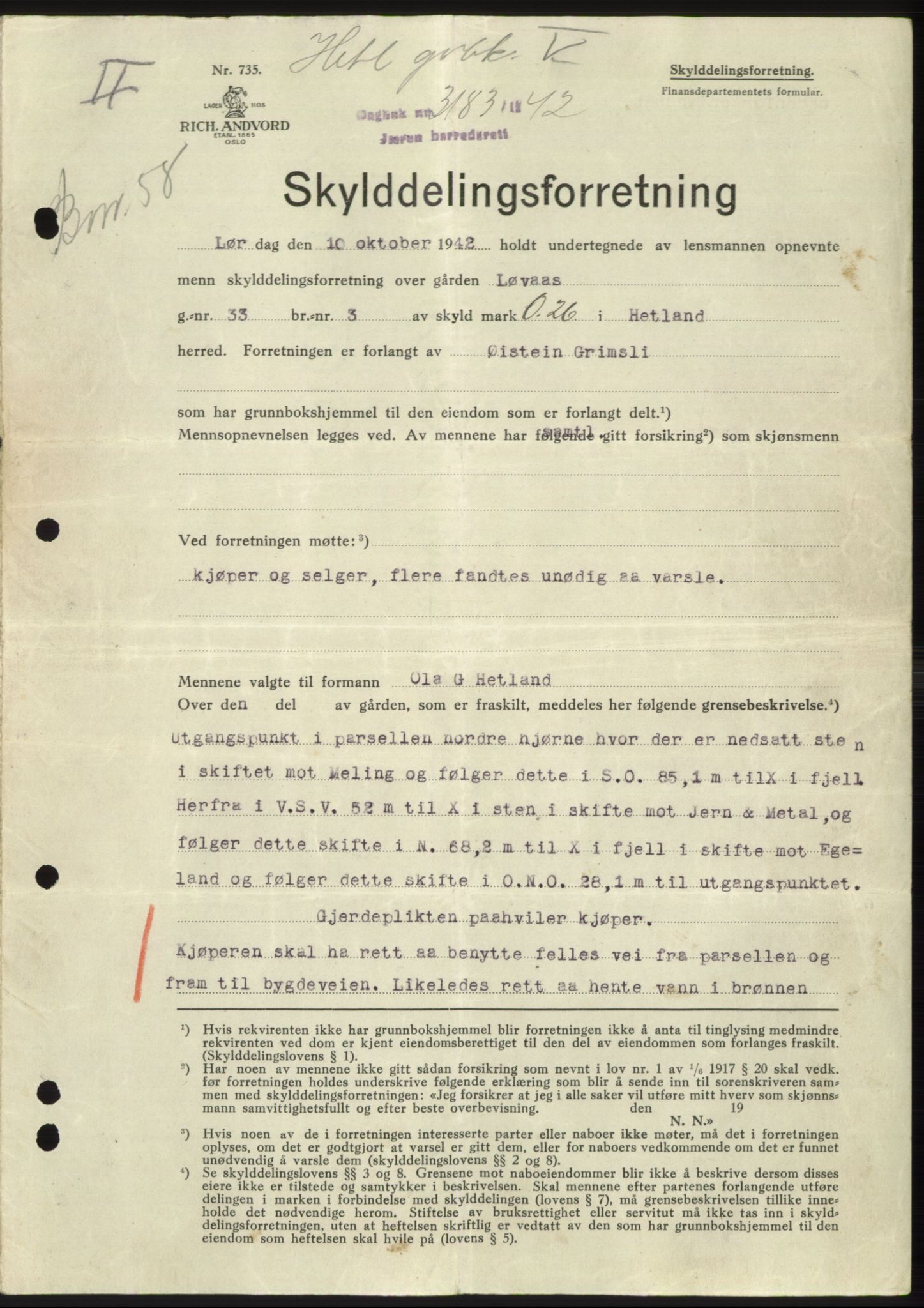 Jæren sorenskriveri, SAST/A-100310/03/G/Gba/L0083: Pantebok, 1942-1942, Dagboknr: 3183/1942