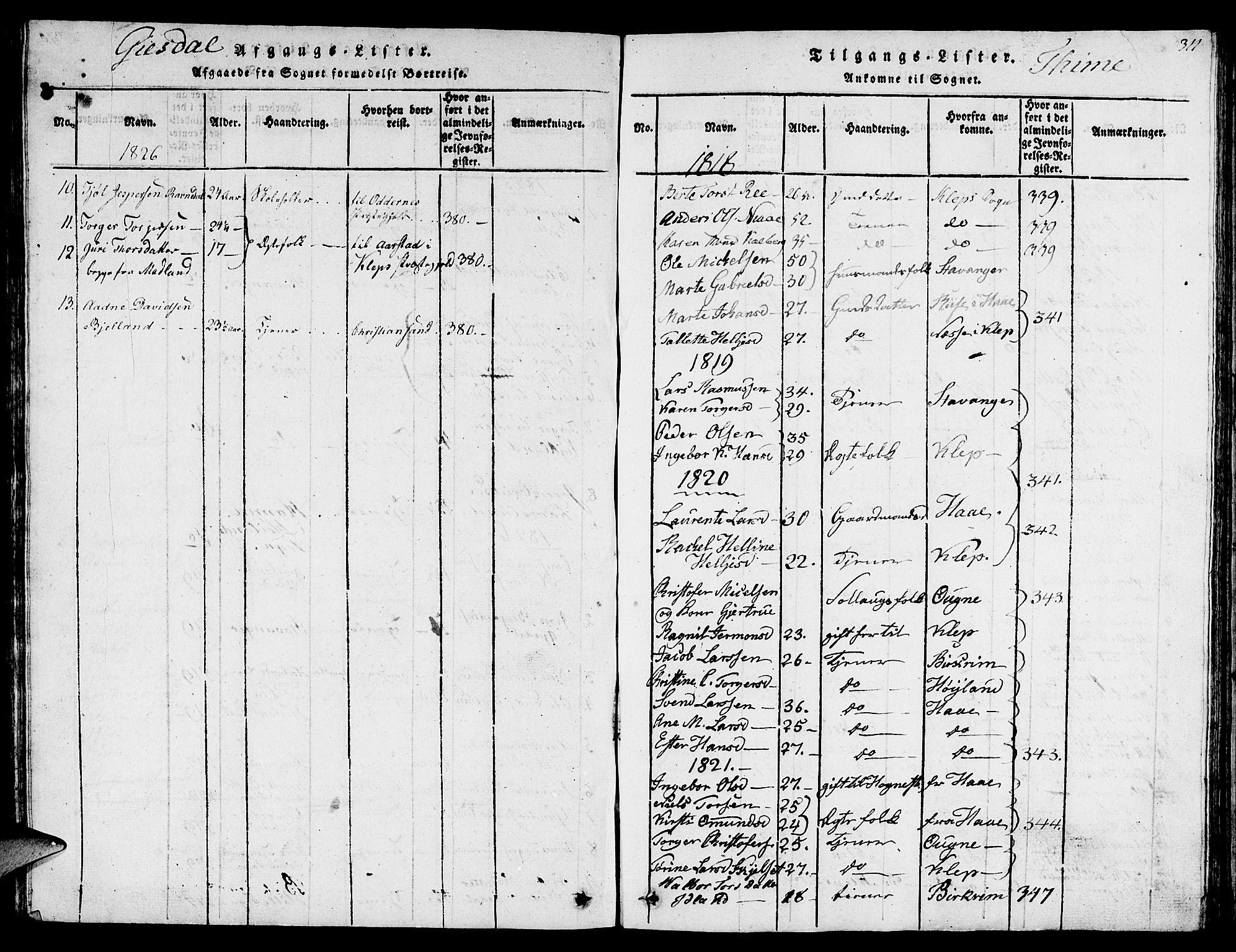 Lye sokneprestkontor, SAST/A-101794/001/30BB/L0001: Klokkerbok nr. B 1 /1, 1816-1826, s. 311