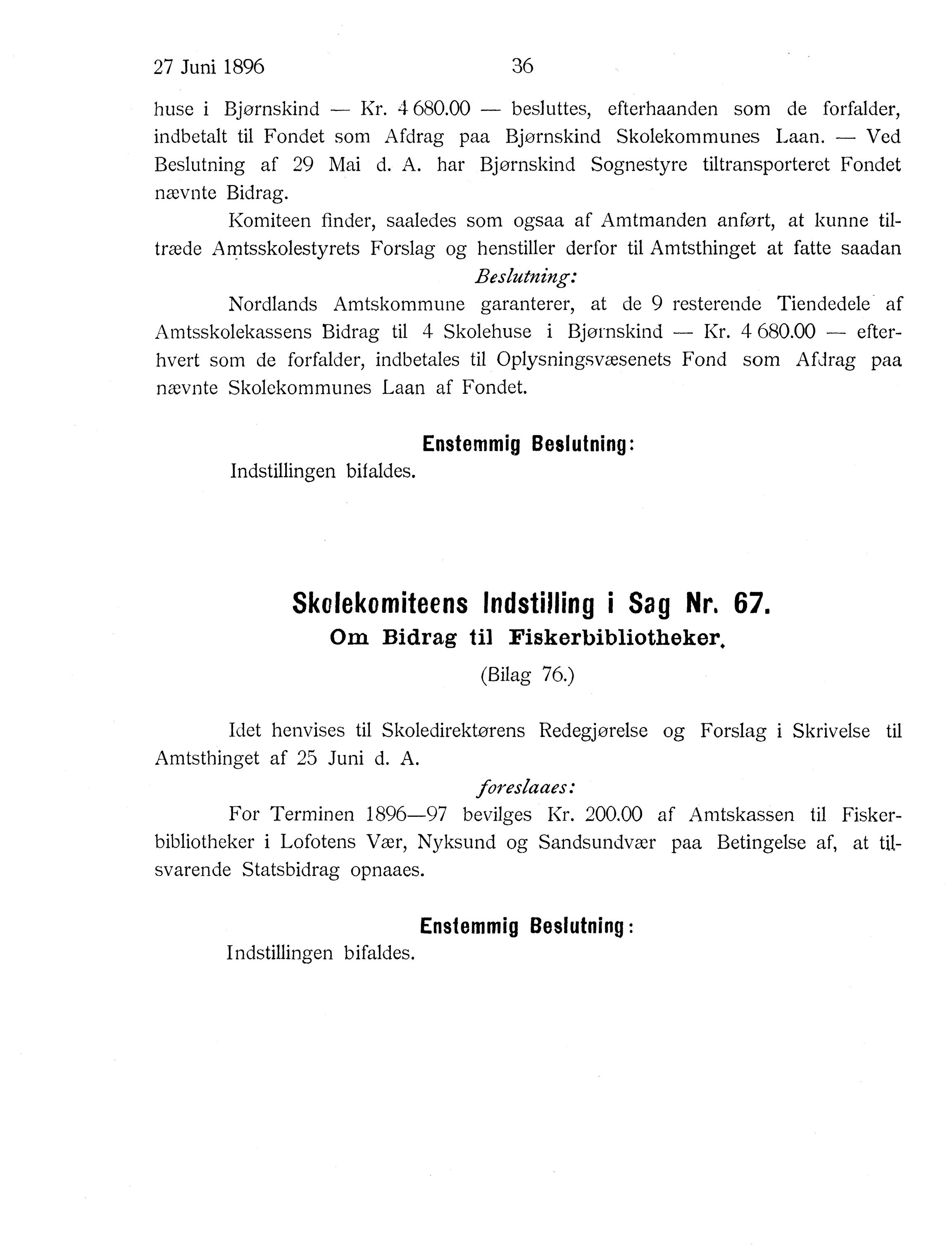 Nordland Fylkeskommune. Fylkestinget, AIN/NFK-17/176/A/Ac/L0019: Fylkestingsforhandlinger 1896, 1896