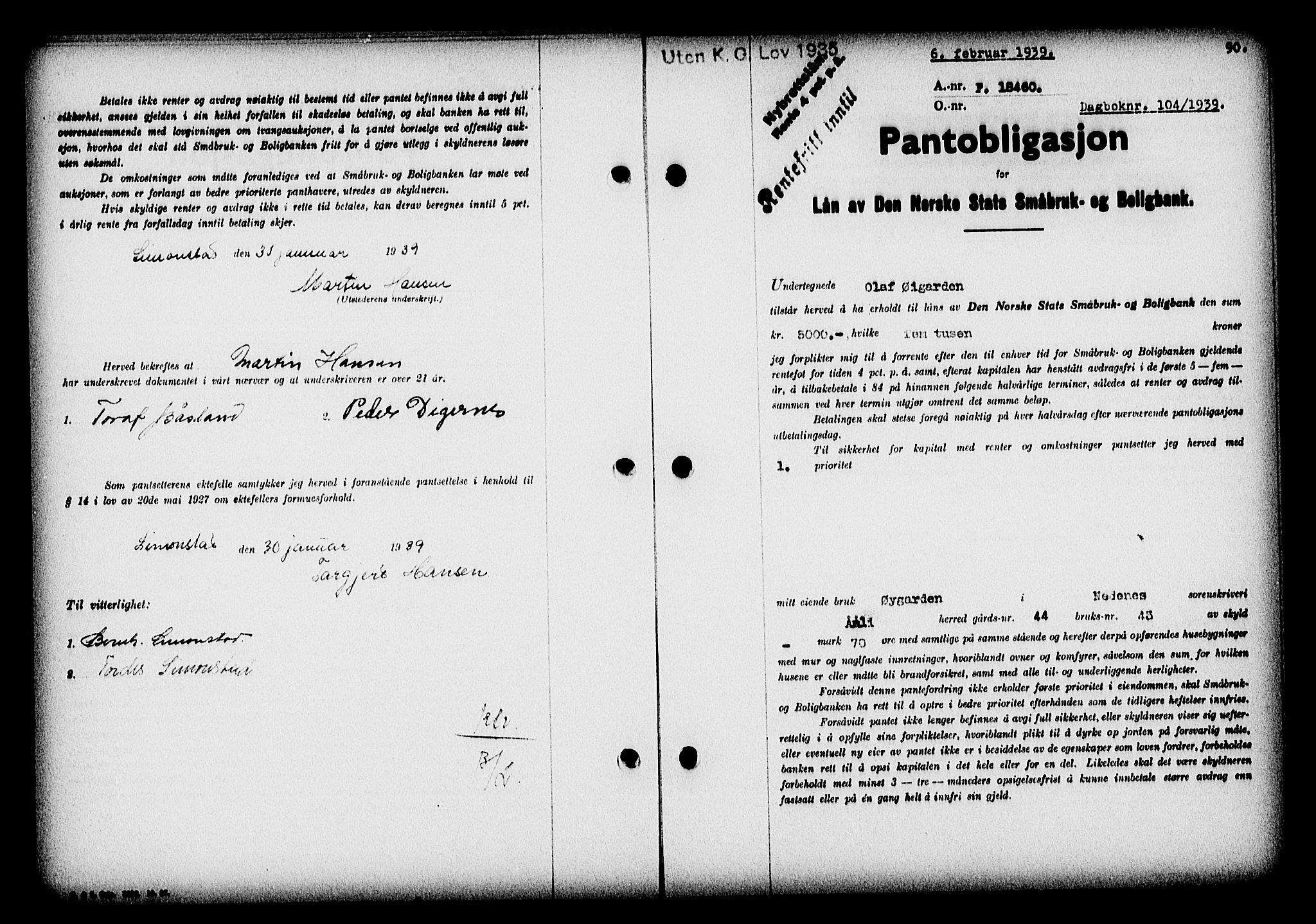 Nedenes sorenskriveri, SAK/1221-0006/G/Gb/Gba/L0046: Pantebok nr. 42, 1938-1939, Dagboknr: 104/1939